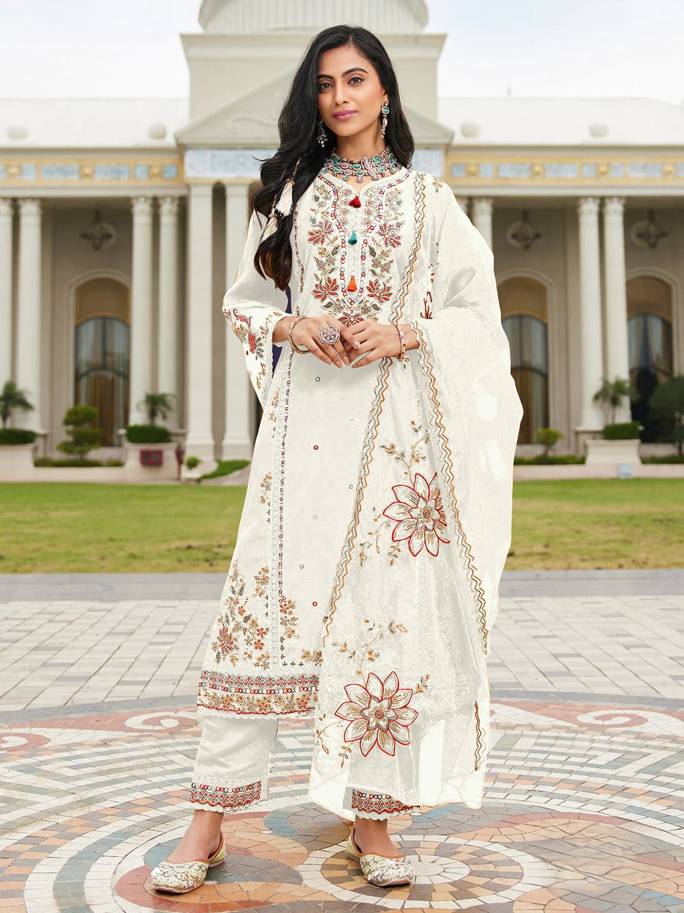 White Embroidered Cotton Salwar Suit