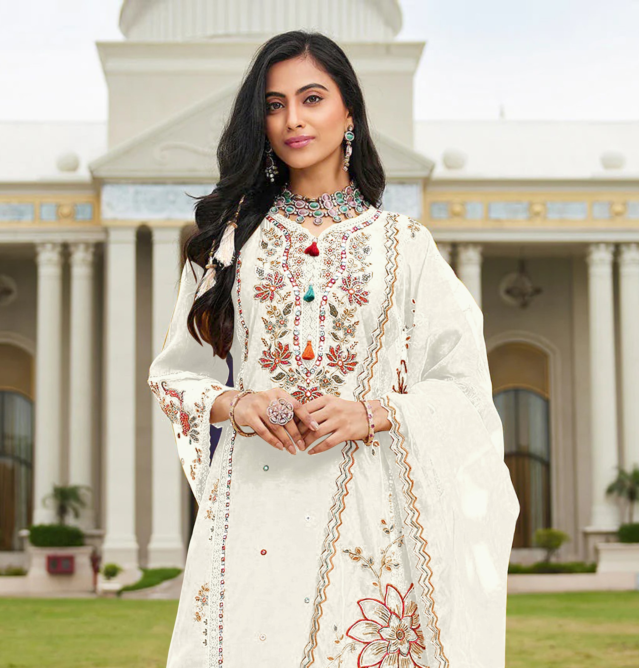 White Embroidered Cotton Salwar Suit — alternate view