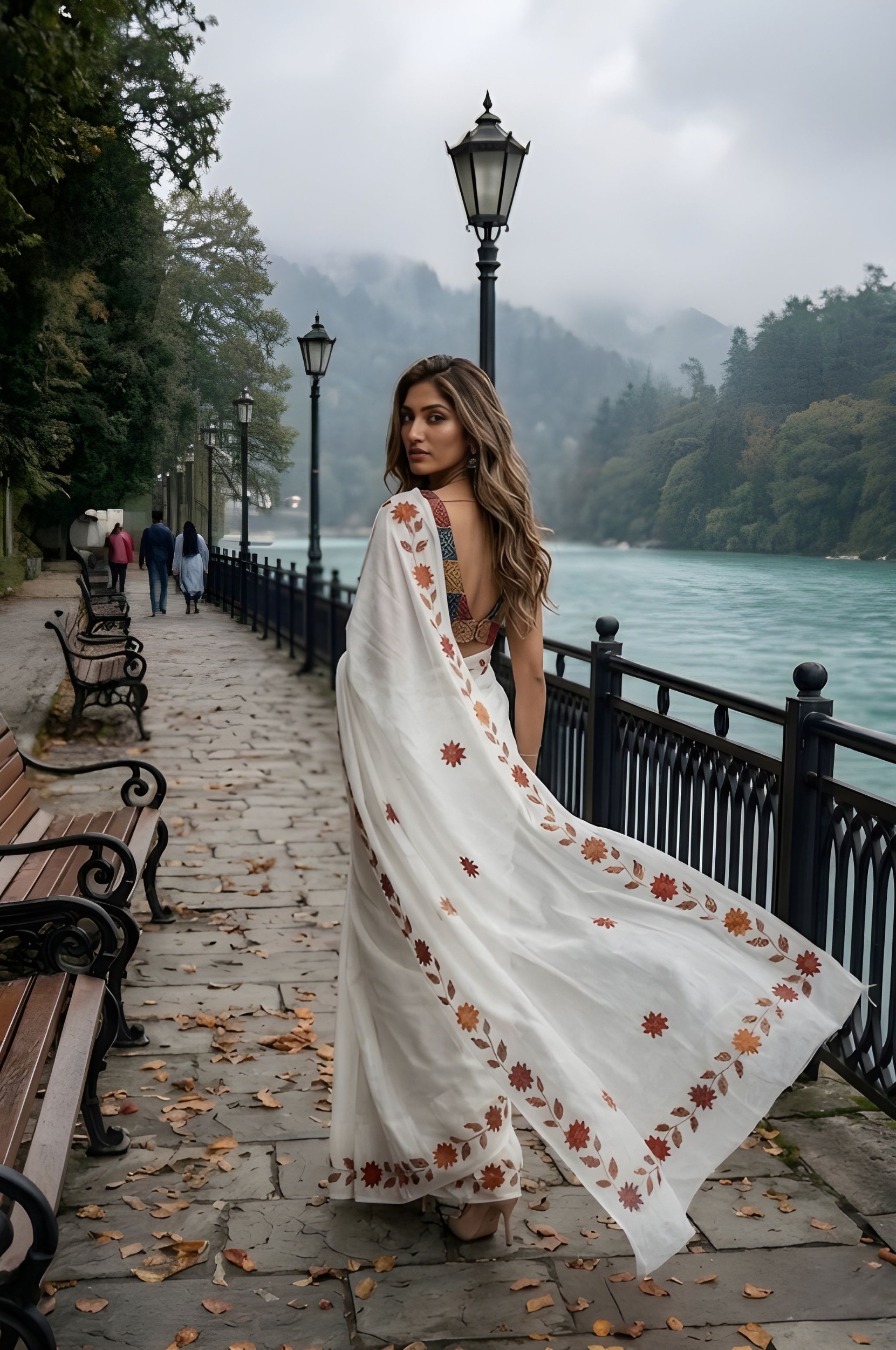 White Embroidered Drsigner Printed Silver Cotton Saree — alternate view