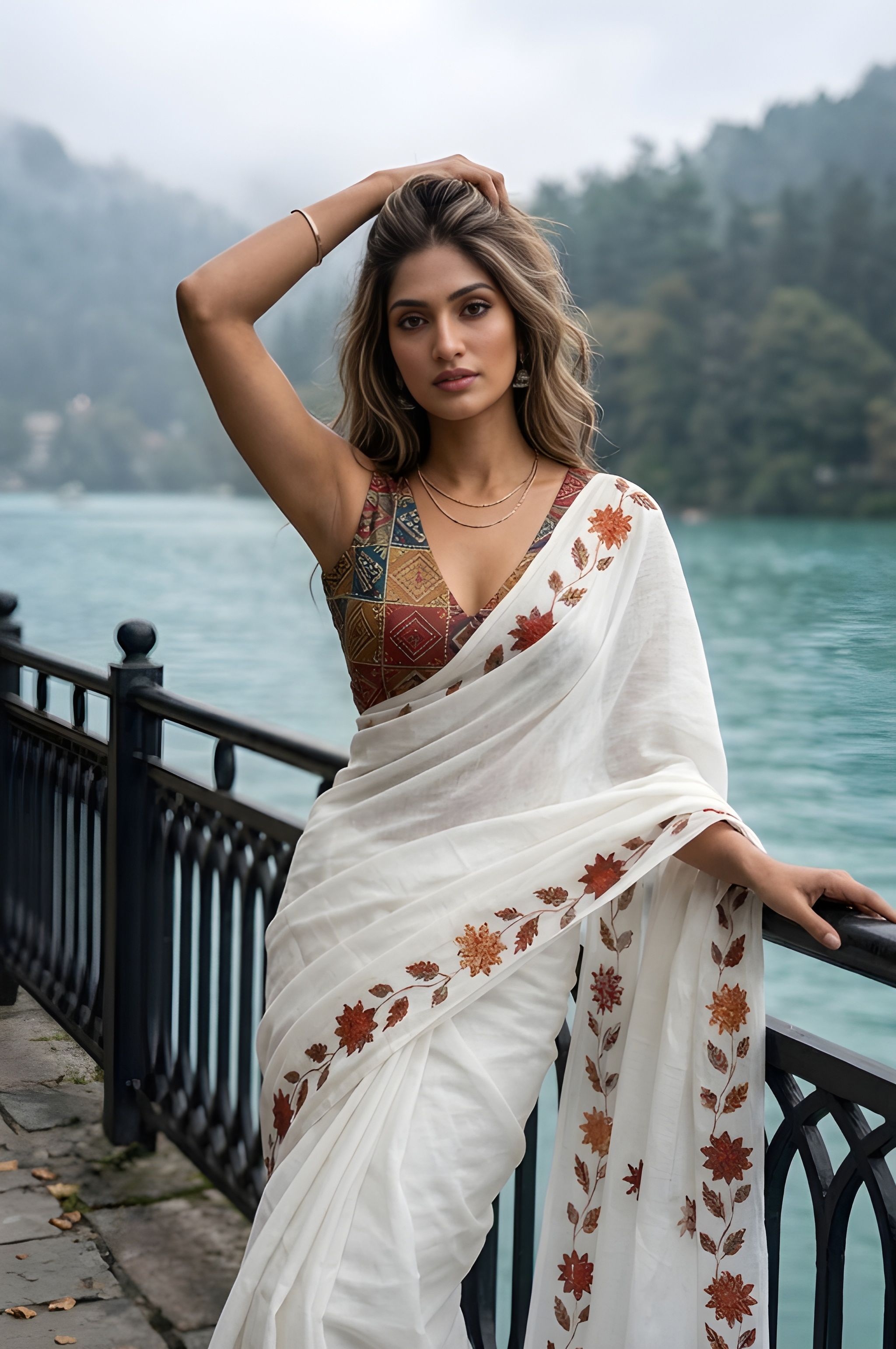 White Embroidered Drsigner Printed Silver Cotton Saree