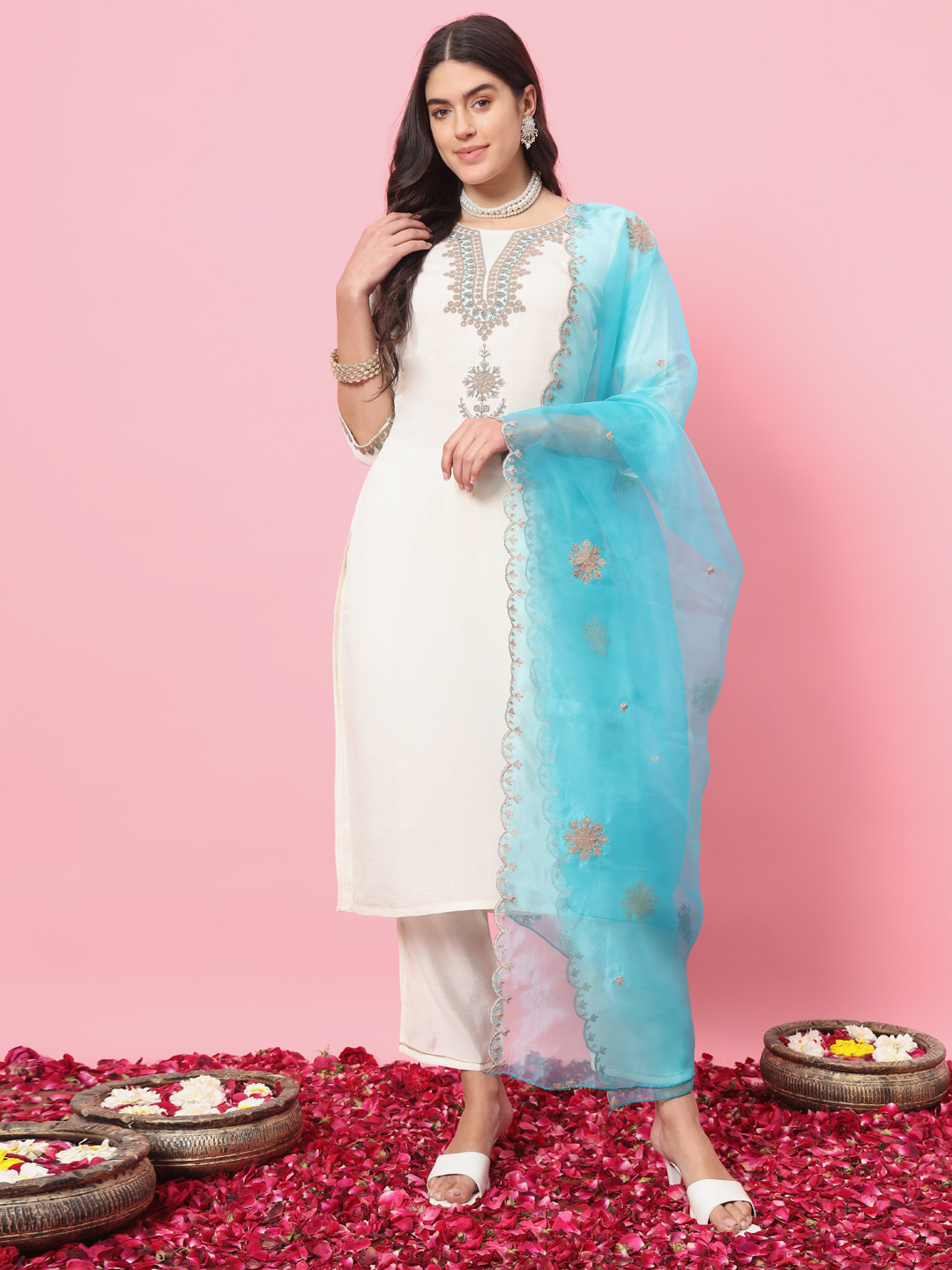 White Embroidered Silk Blend Readymade Suit