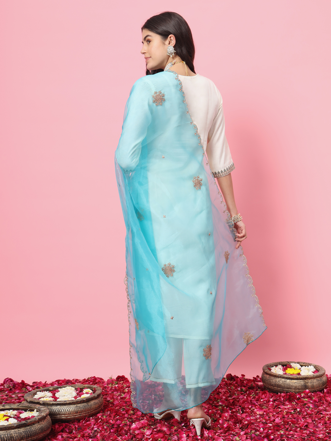 White Embroidered Silk Blend Readymade Suit — alternate view