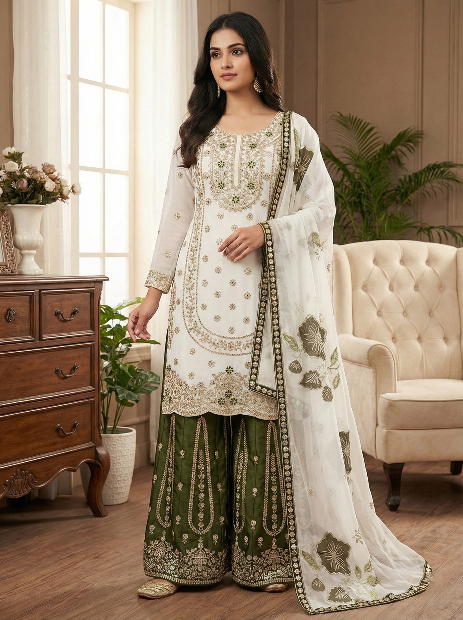 White Embroidered Silk Palazzo Suit