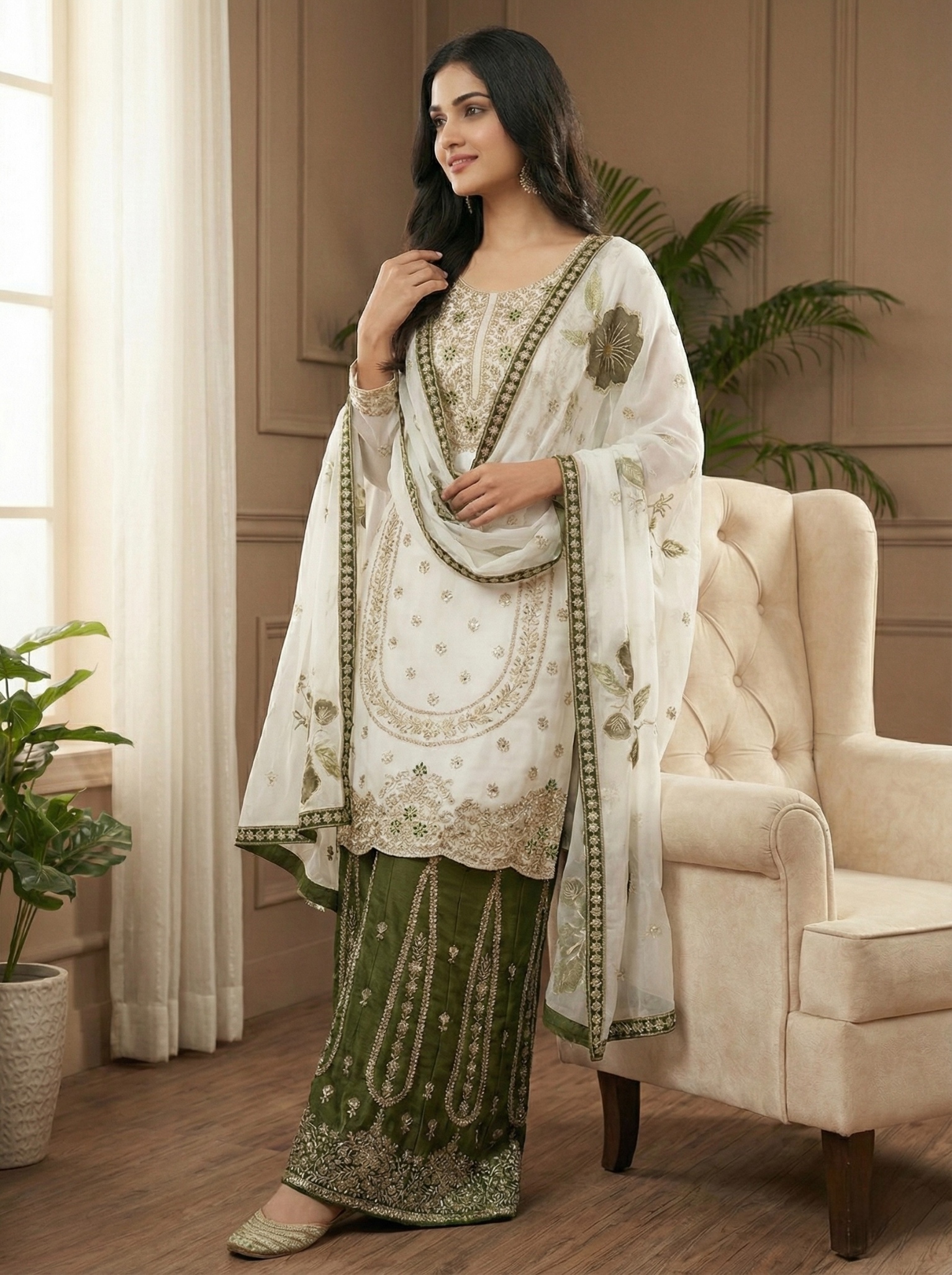 White Embroidered Silk Palazzo Suit — alternate view
