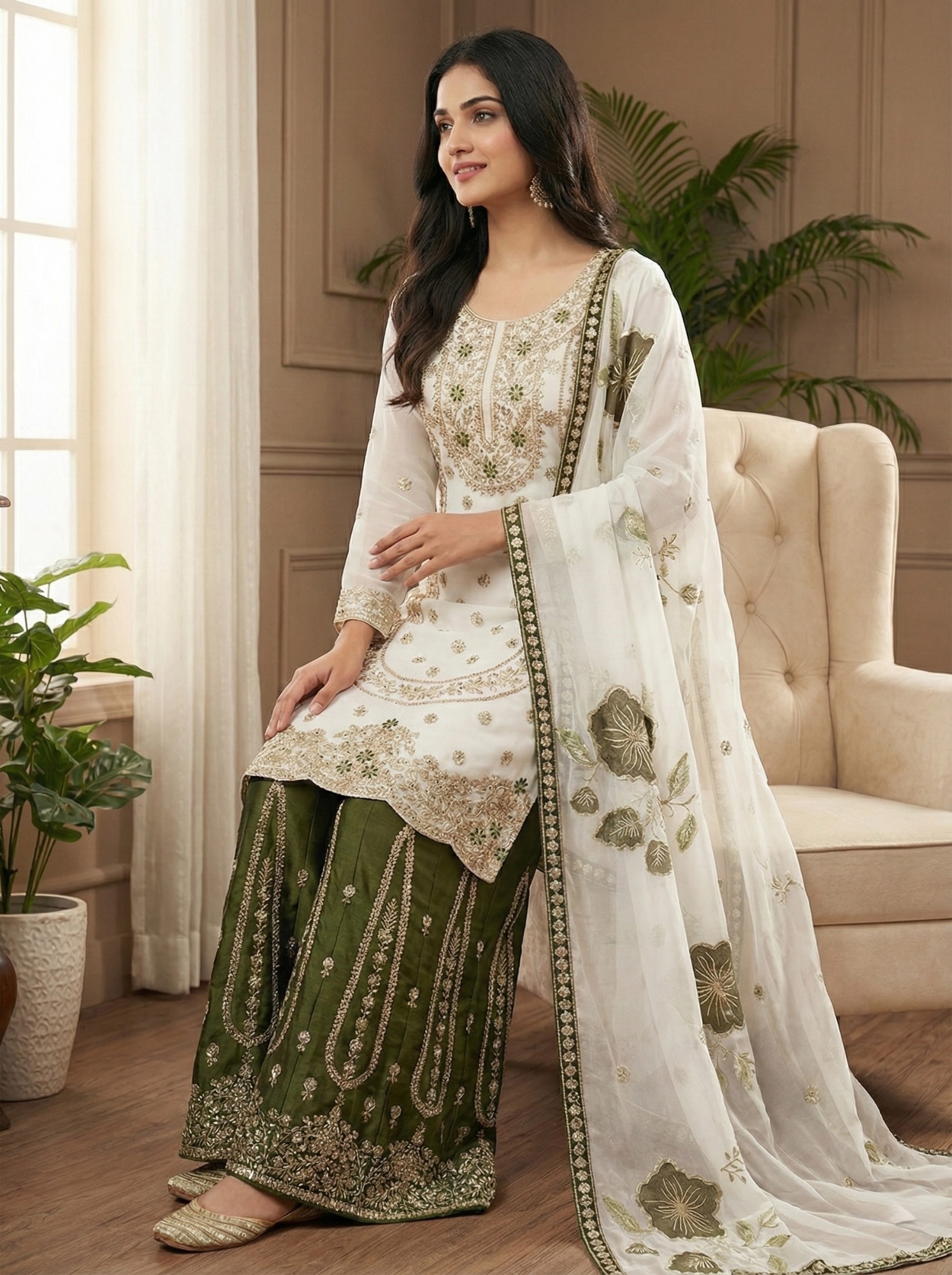 White Embroidered Silk Palazzo Suit