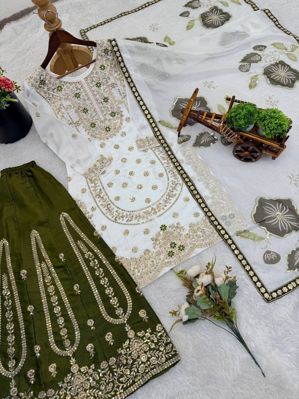 White Embroidered Silk Palazzo Suit