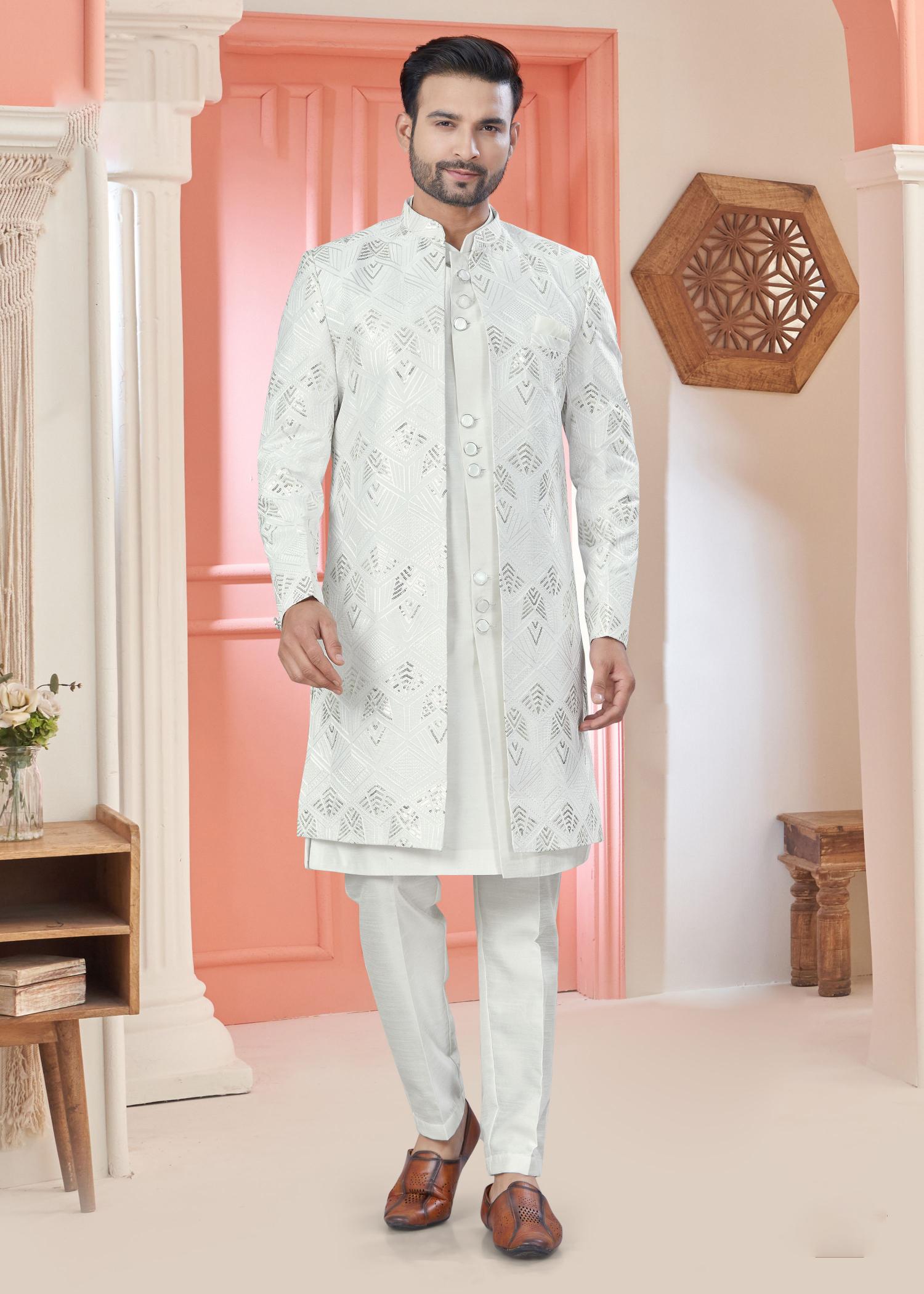 White Embroidery Art Silk Kurta