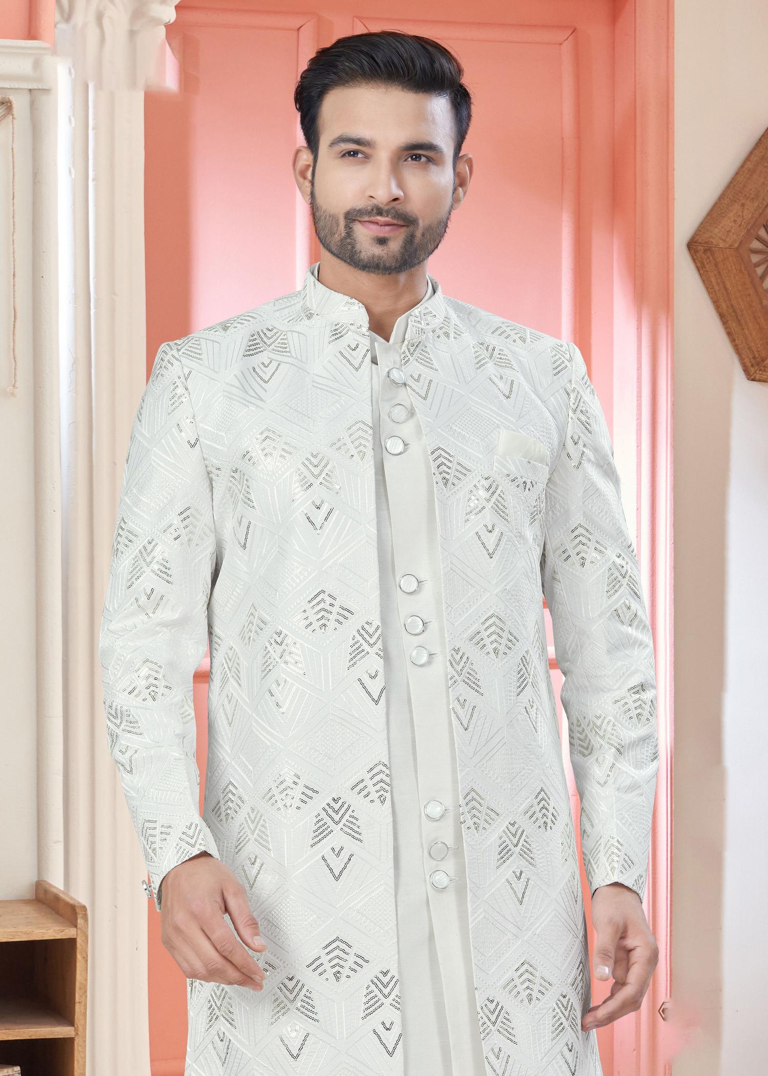White Embroidery Art Silk Kurta — alternate view