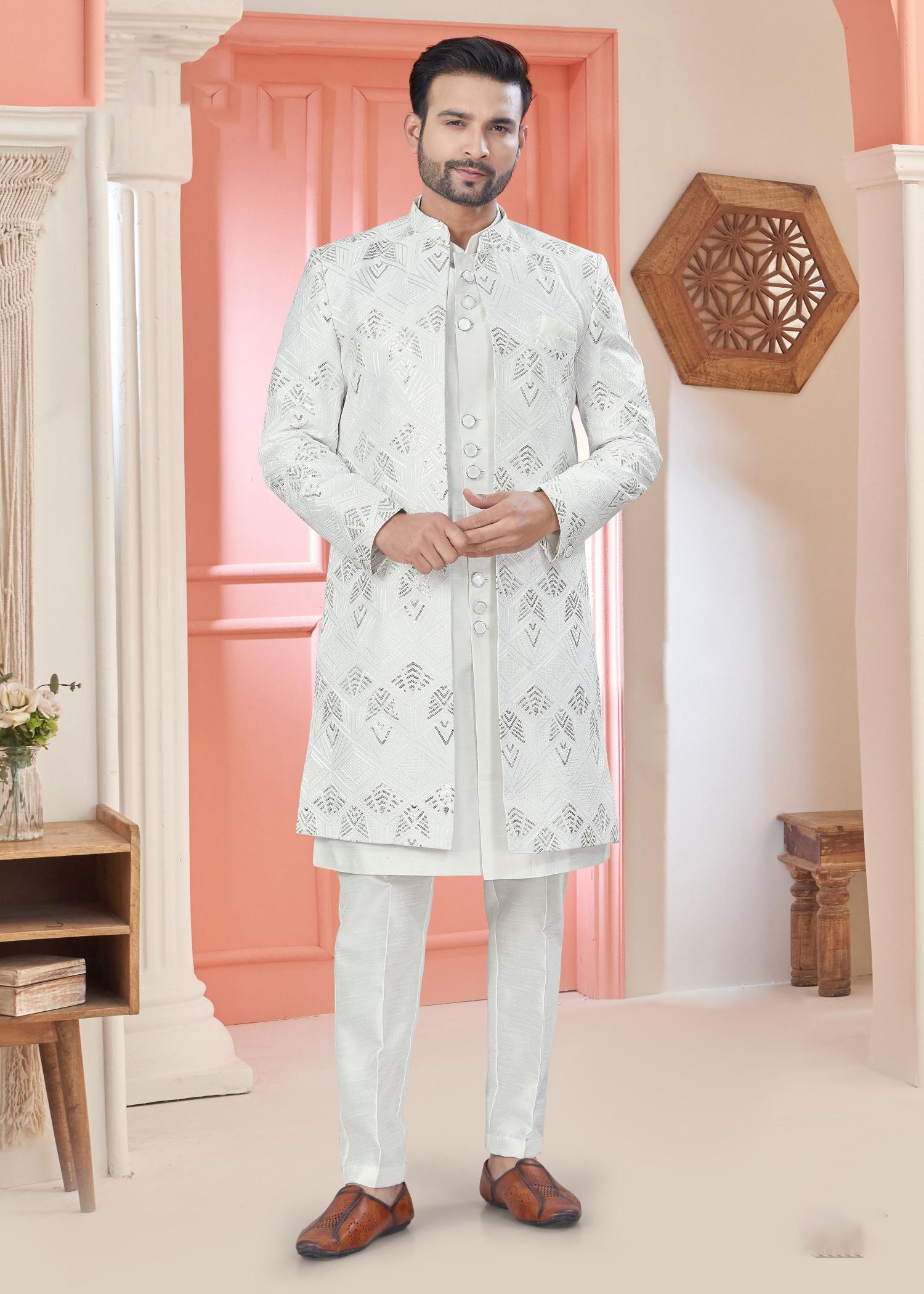 White Embroidery Art Silk Kurta