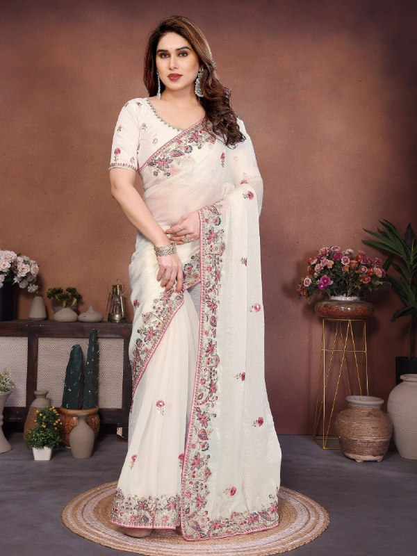 White Embroidery Cutwork Fendy Chiffon Silk Designer Saree