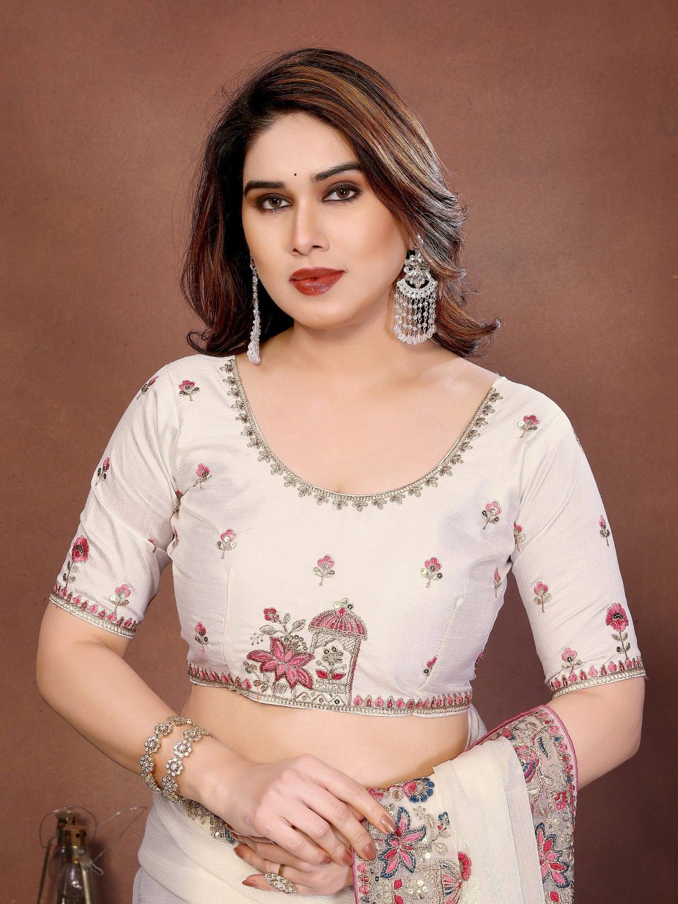 White Embroidery Cutwork Fendy Chiffon Silk Designer Saree