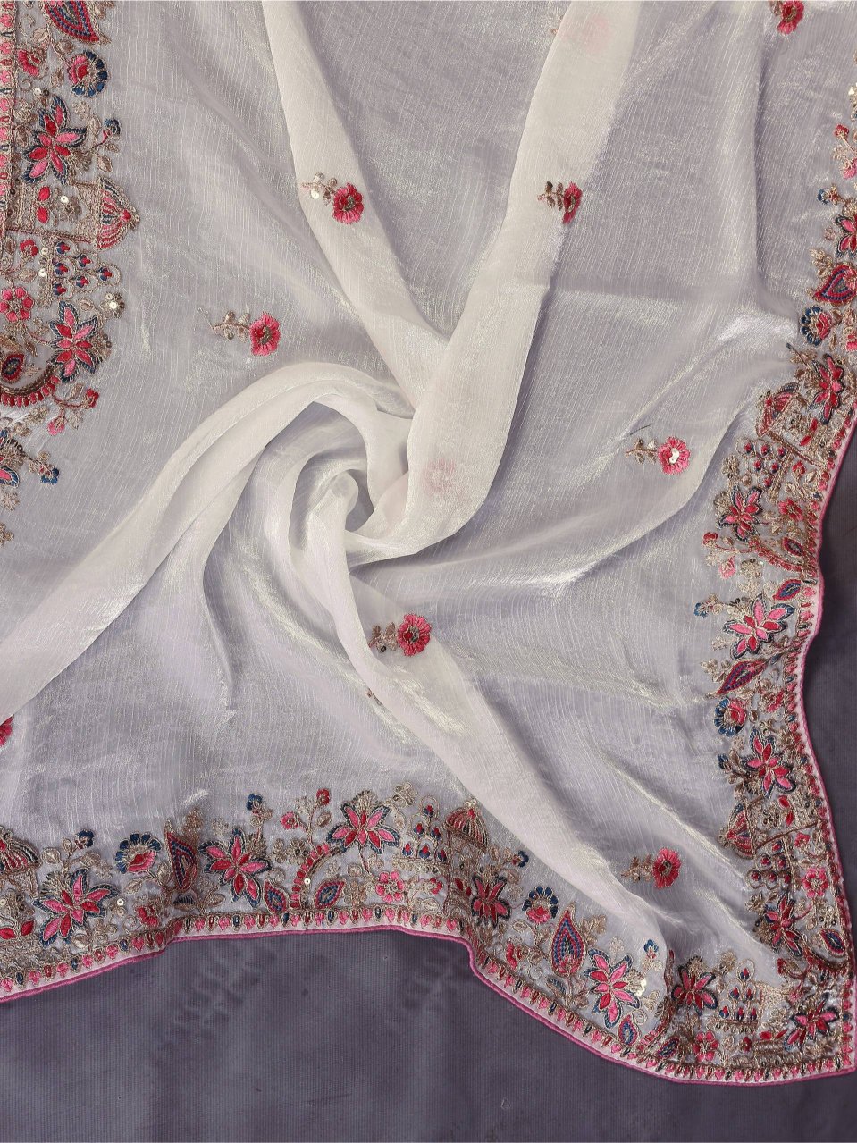 White Embroidery Cutwork Fendy Chiffon Silk Designer Saree