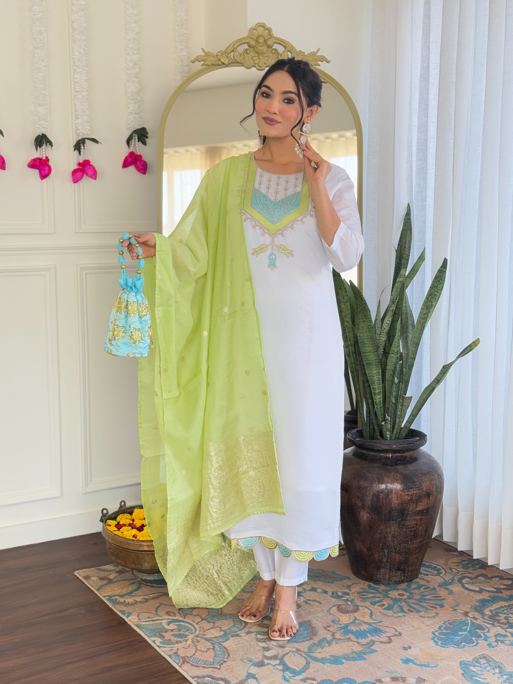 White Embroidery Work Viscose Chanderi Salwar Suit