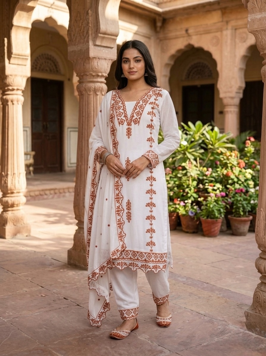 White Ethnic Threadwork Georgette Straight Salwar Suit