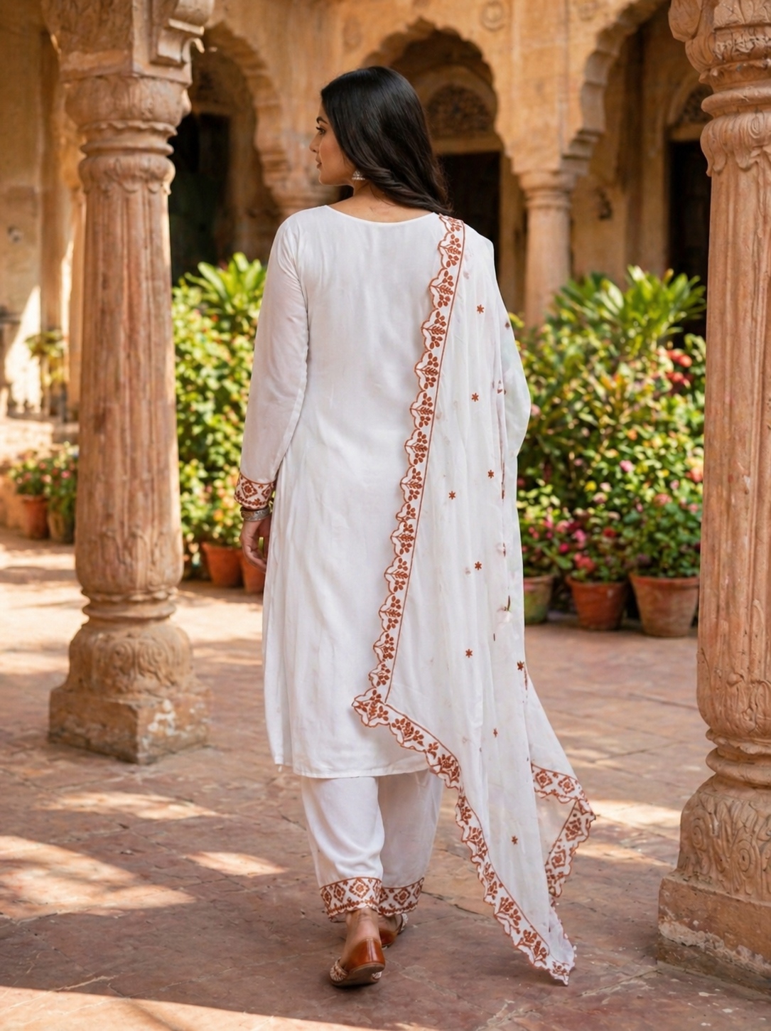 White Ethnic Threadwork Georgette Straight Salwar Suit — alternate view