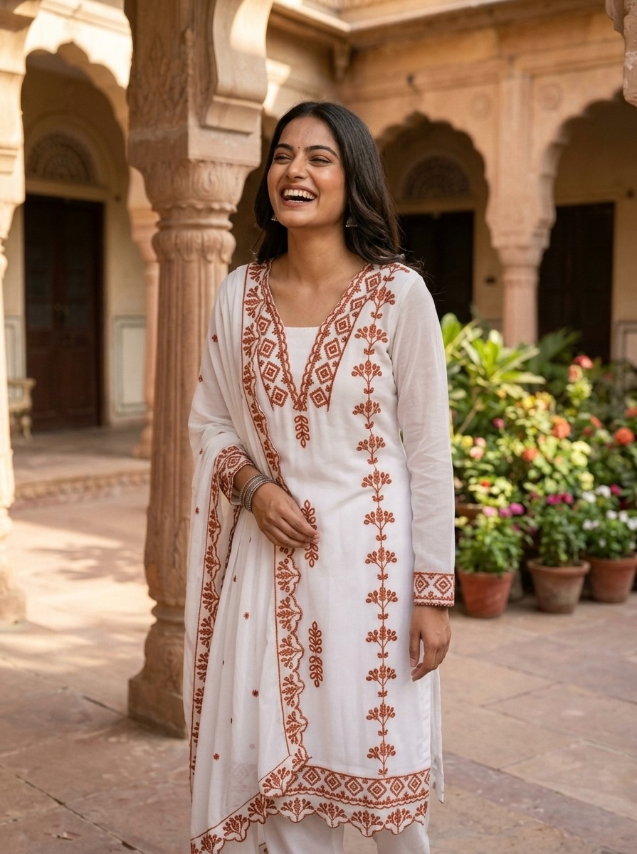 White Ethnic Threadwork Georgette Straight Salwar Suit
