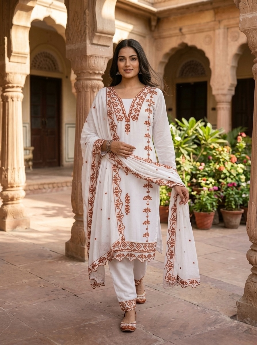 White Ethnic Threadwork Georgette Straight Salwar Suit