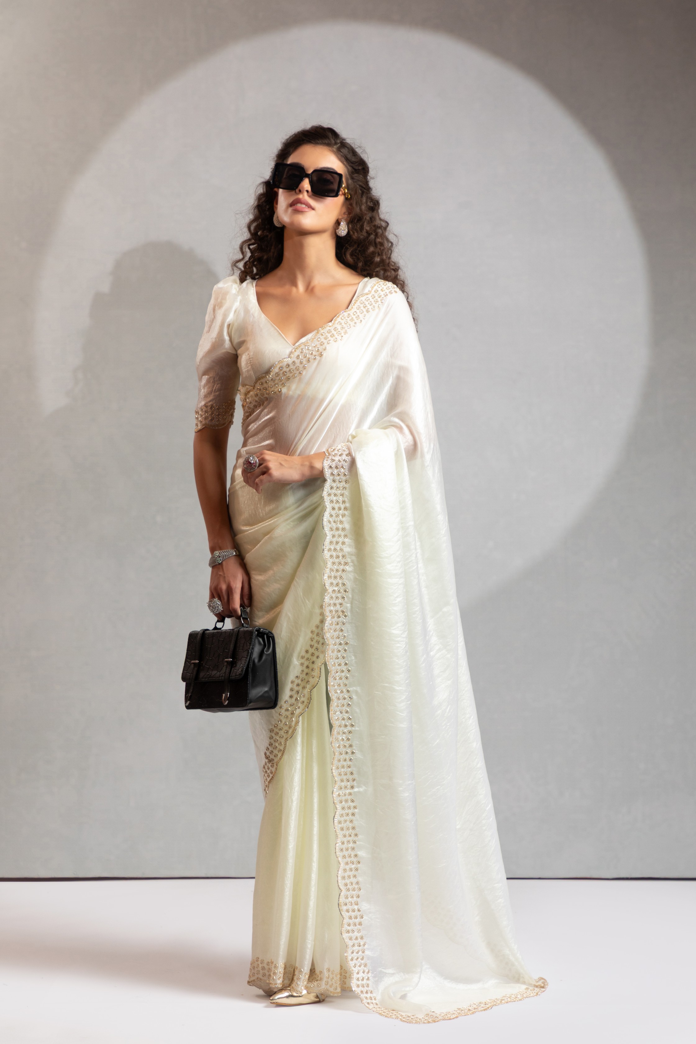 White Fendy Silk Two Tone Handcrafted Zircon Saree