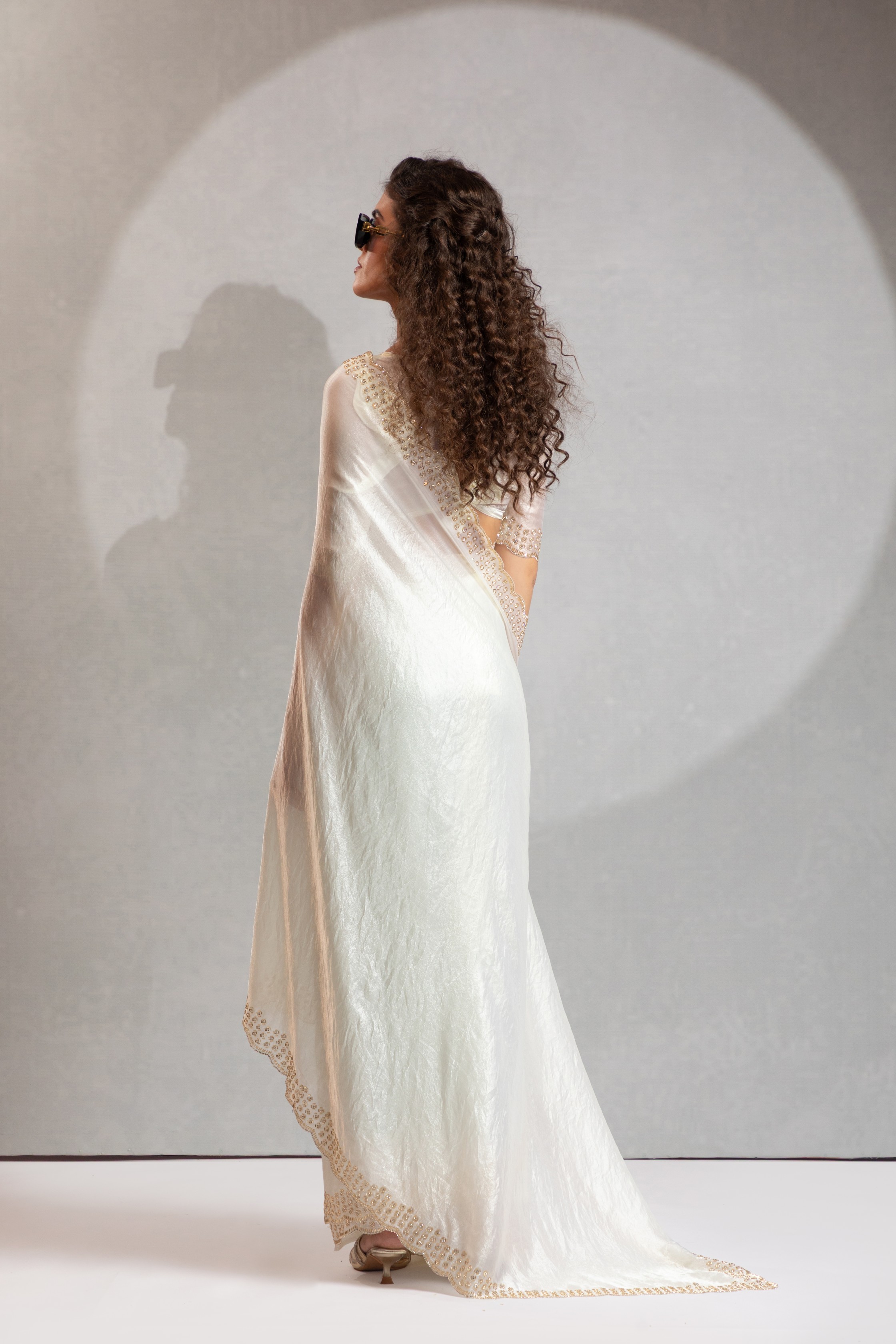 White Fendy Silk Two Tone Handcrafted Zircon Saree — alternate view