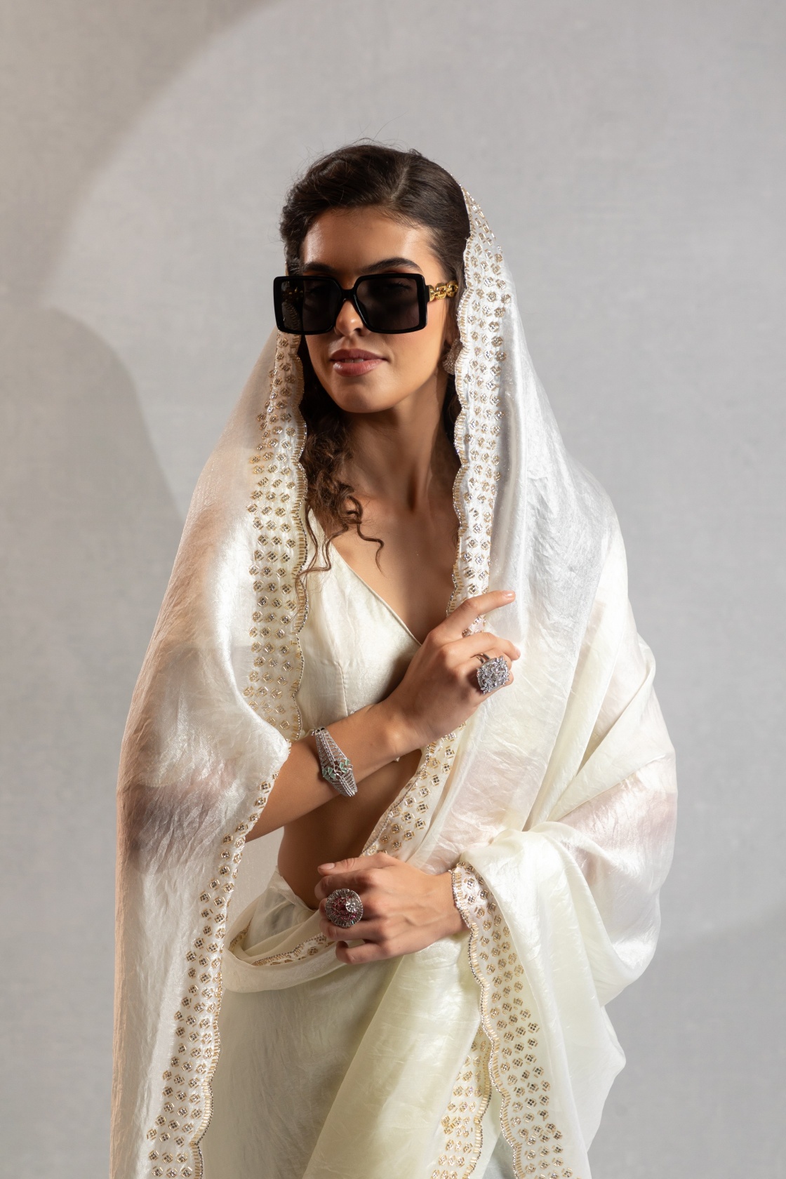 White Fendy Silk Two Tone Handcrafted Zircon Saree