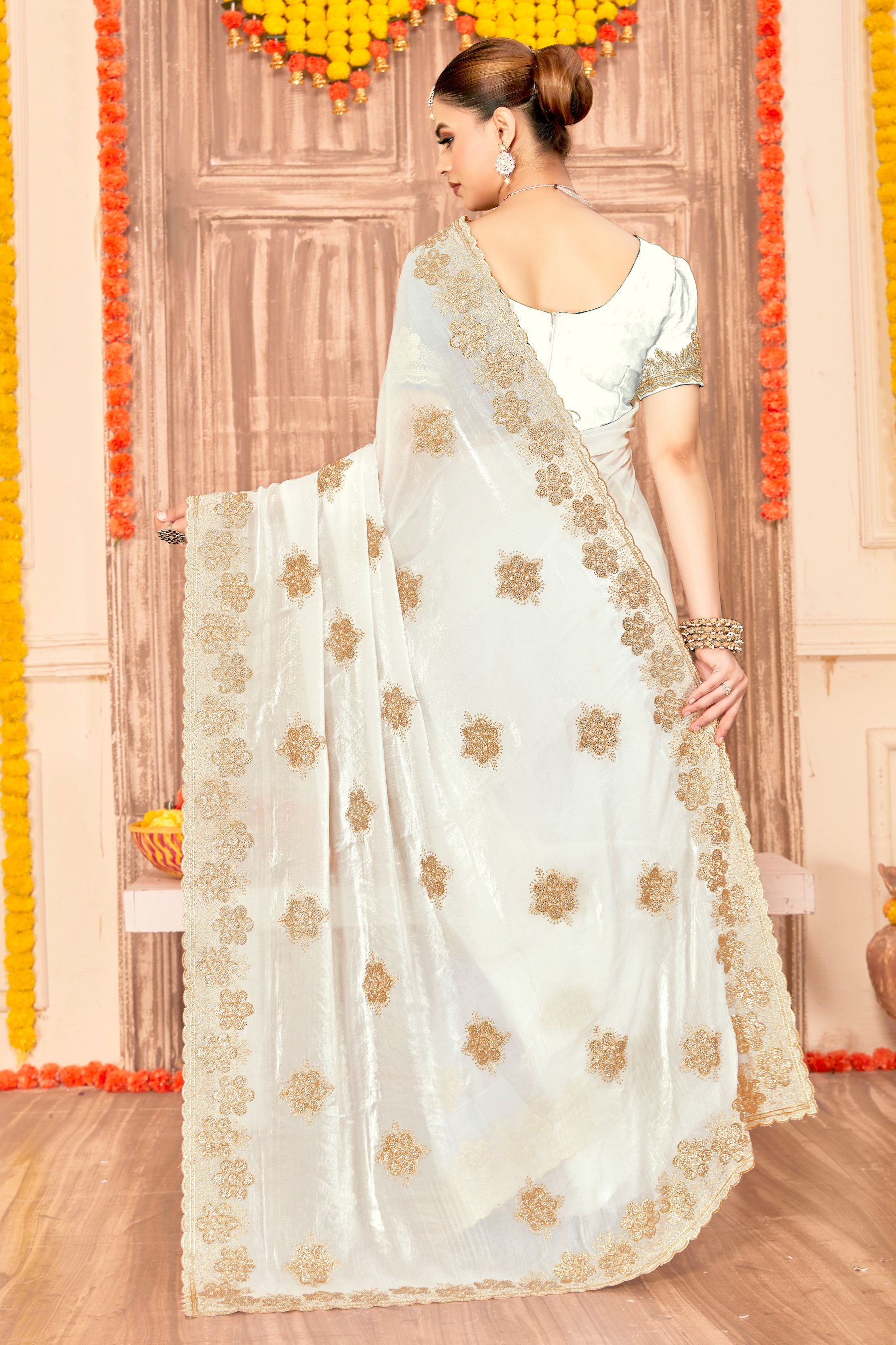 White Fendy Silk Zari Siroski Saree — alternate view