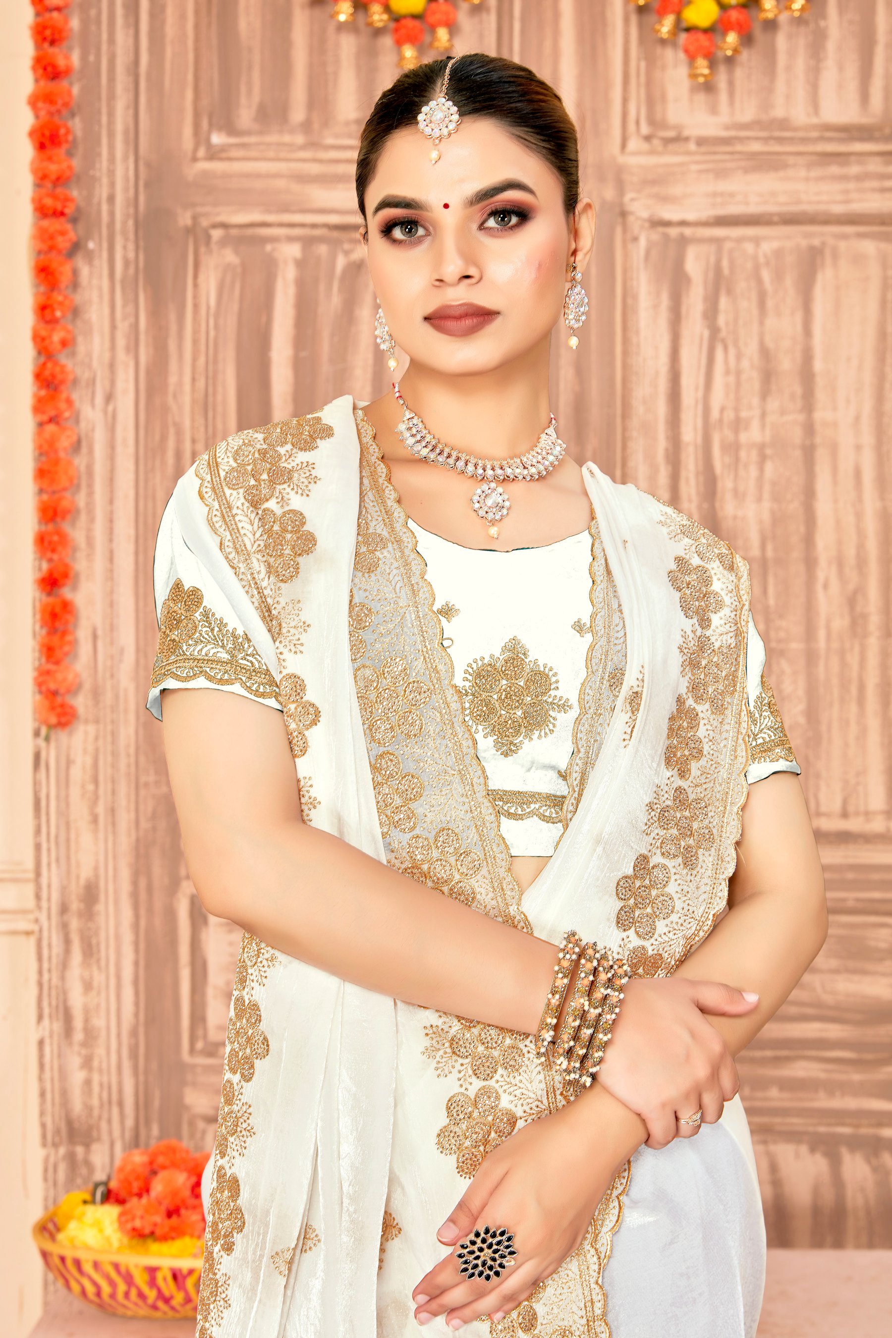 White Fendy Silk Zari Siroski Saree