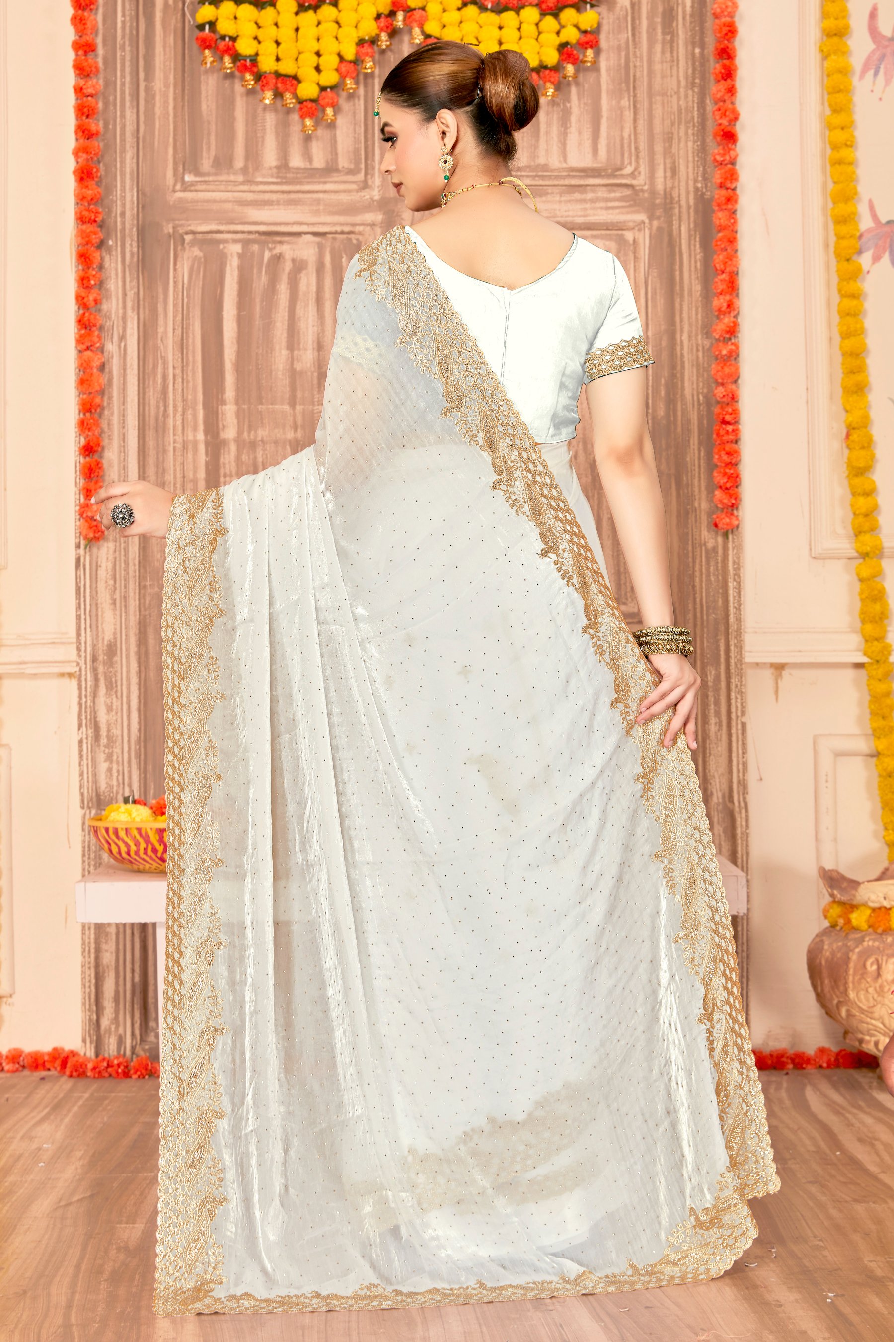 White Fendy Silk Zari Siroski Saree — alternate view
