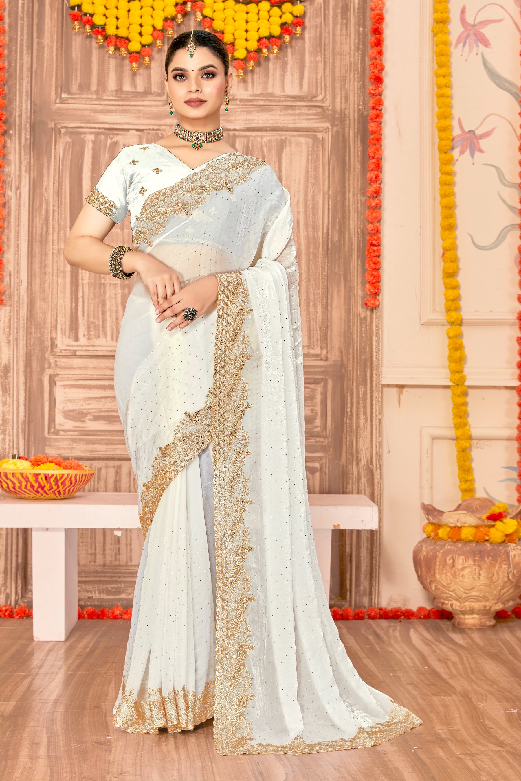 White Fendy Silk Zari Siroski Saree