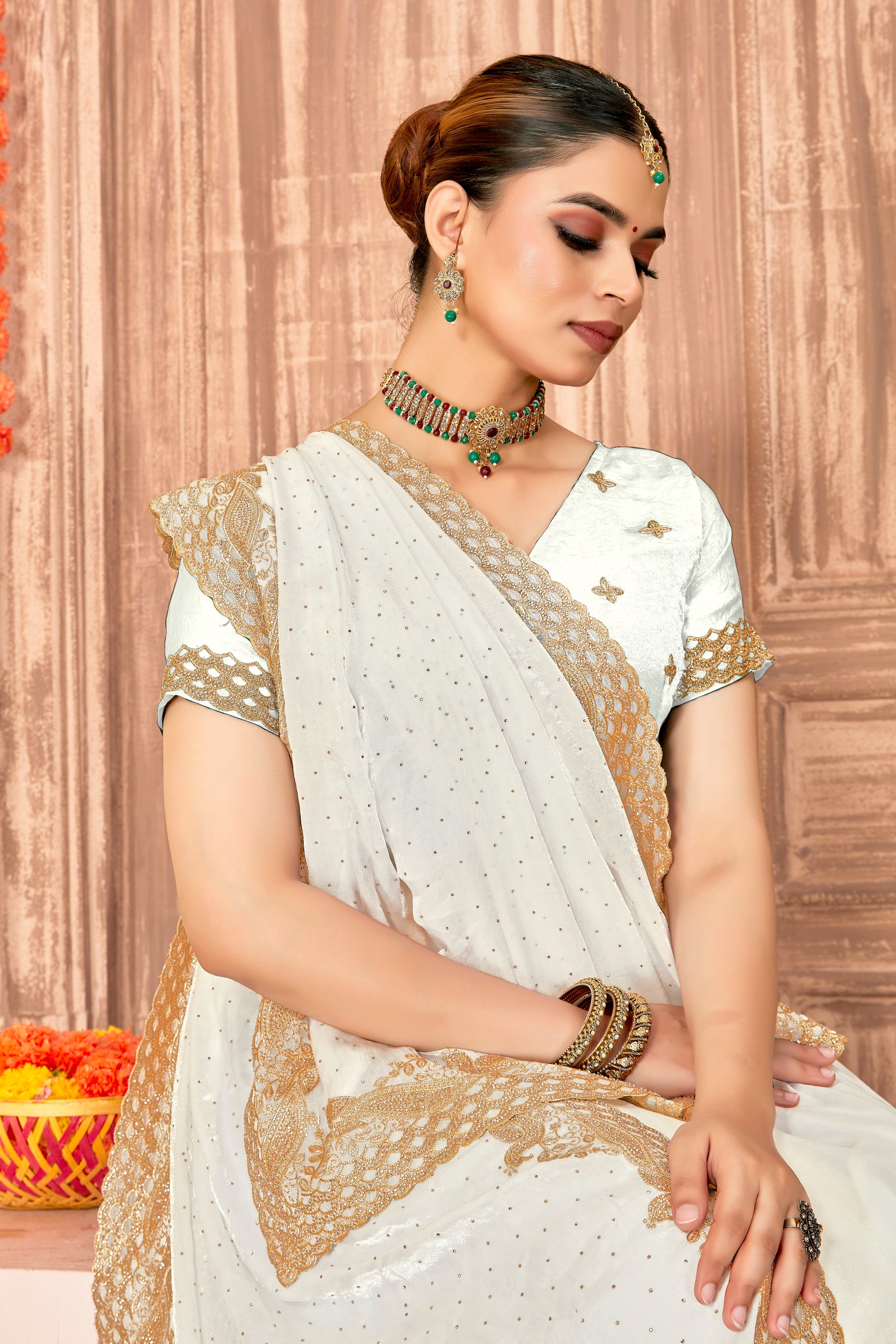 White Fendy Silk Zari Siroski Saree