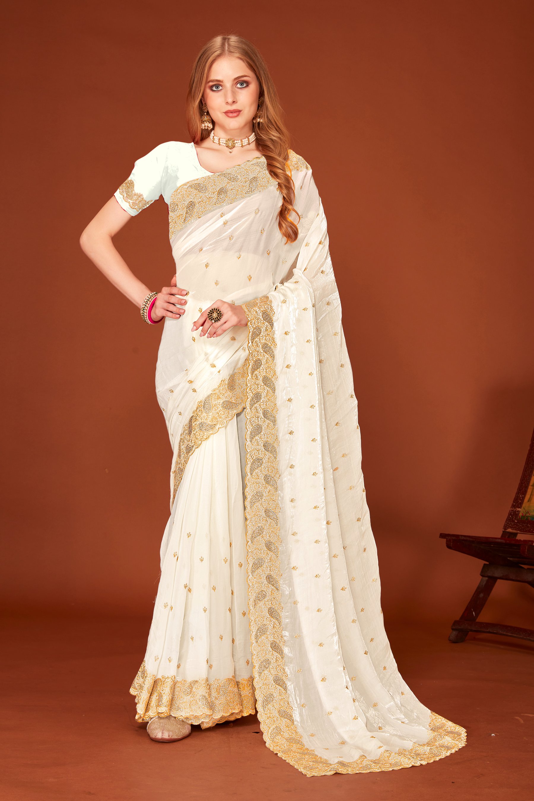 White Fendy Silk Zari Siroski Saree