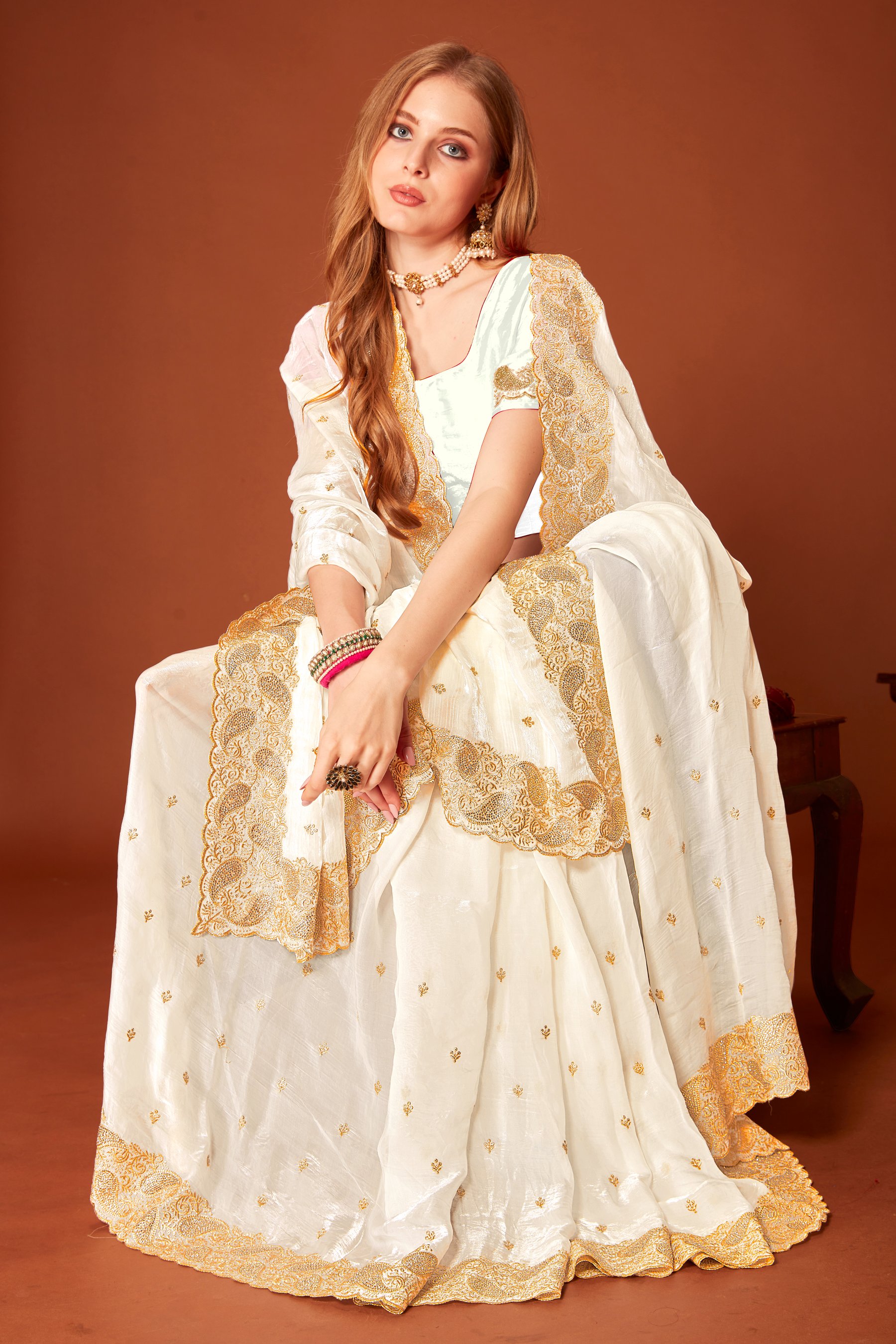 White Fendy Silk Zari Siroski Saree