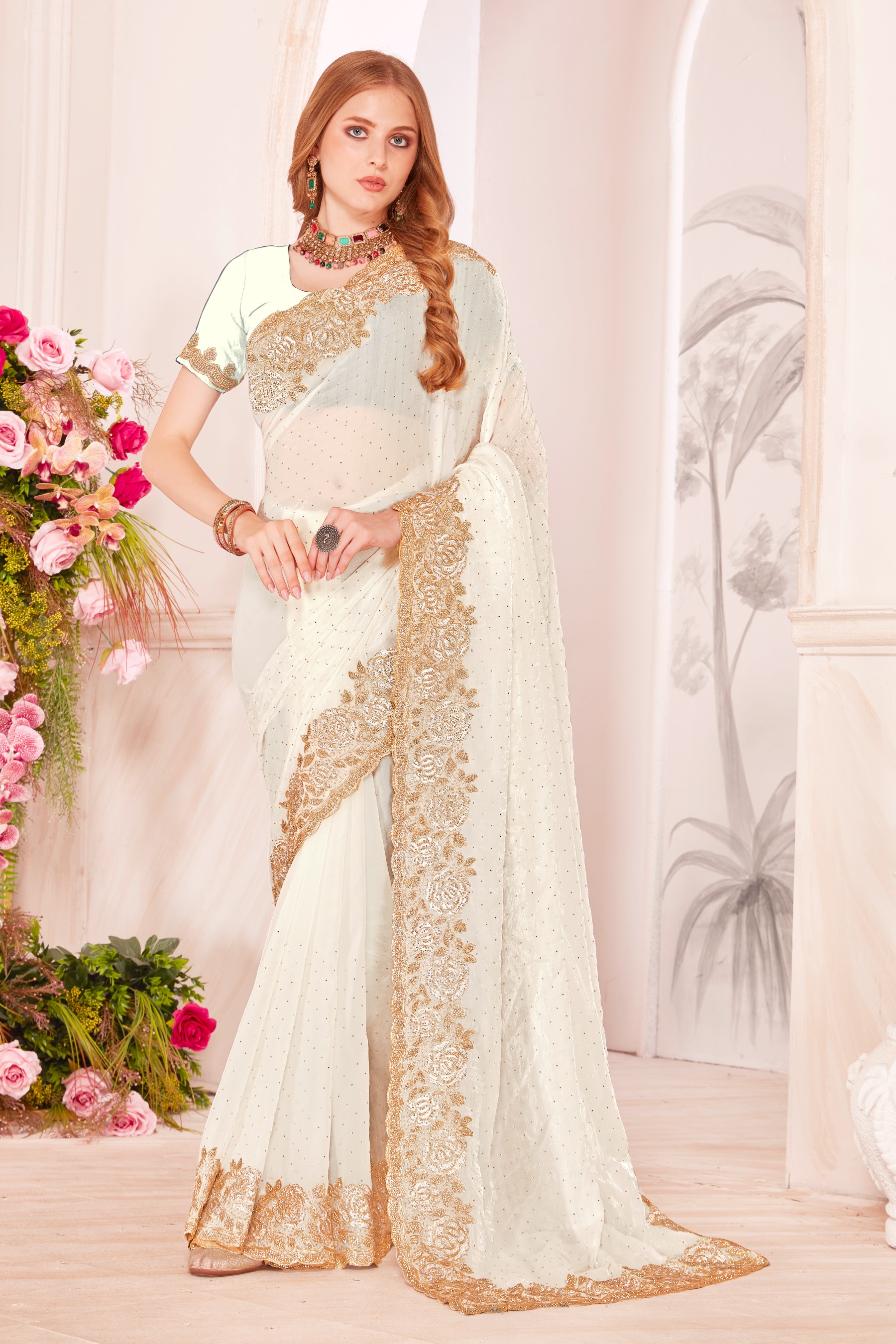 White Fendy Two Tone Silk Heavy Zari Resham Embroidery Zircon Work Party Wear Saree
