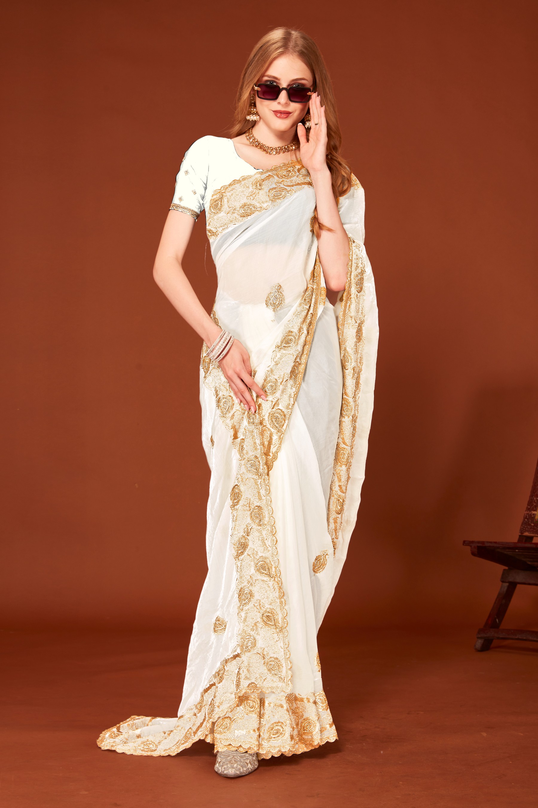White Fendy Two Tone Silk Zari Embroidered Saree with Zircon Work