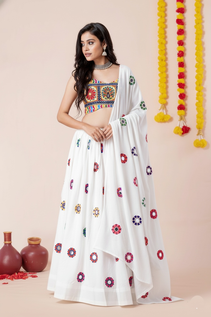 White Festive Geometric Mirror Embroidery Rayon Umbrella Lehenga Choli