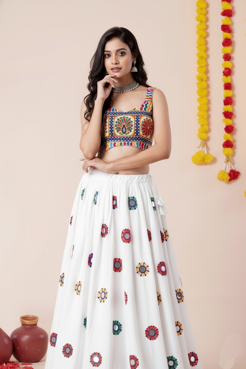 White Festive Geometric Mirror Embroidery Rayon Umbrella Lehenga Choli — alternate view