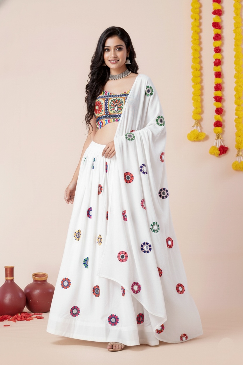 White Festive Geometric Mirror Embroidery Rayon Umbrella Lehenga Choli