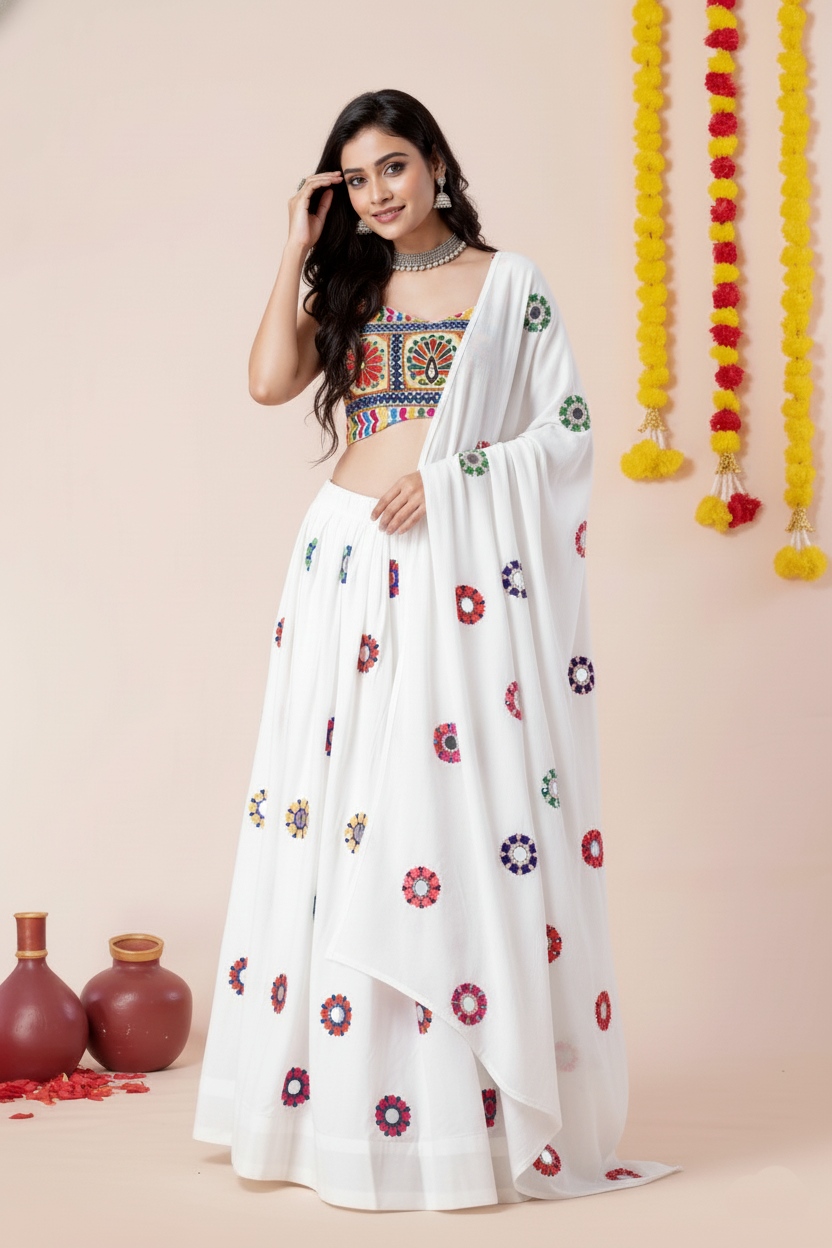 White Festive Geometric Mirror Embroidery Rayon Umbrella Lehenga Choli