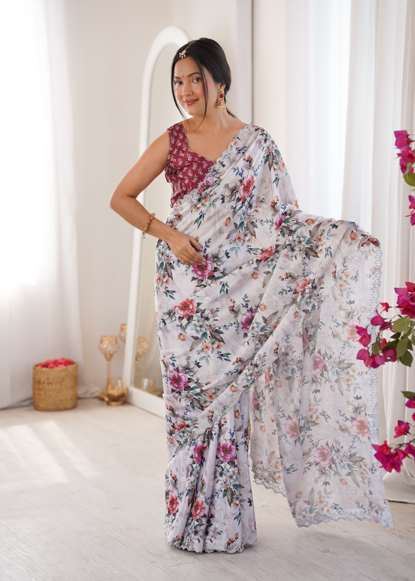 White Floral Digital Printed Chinon Saree