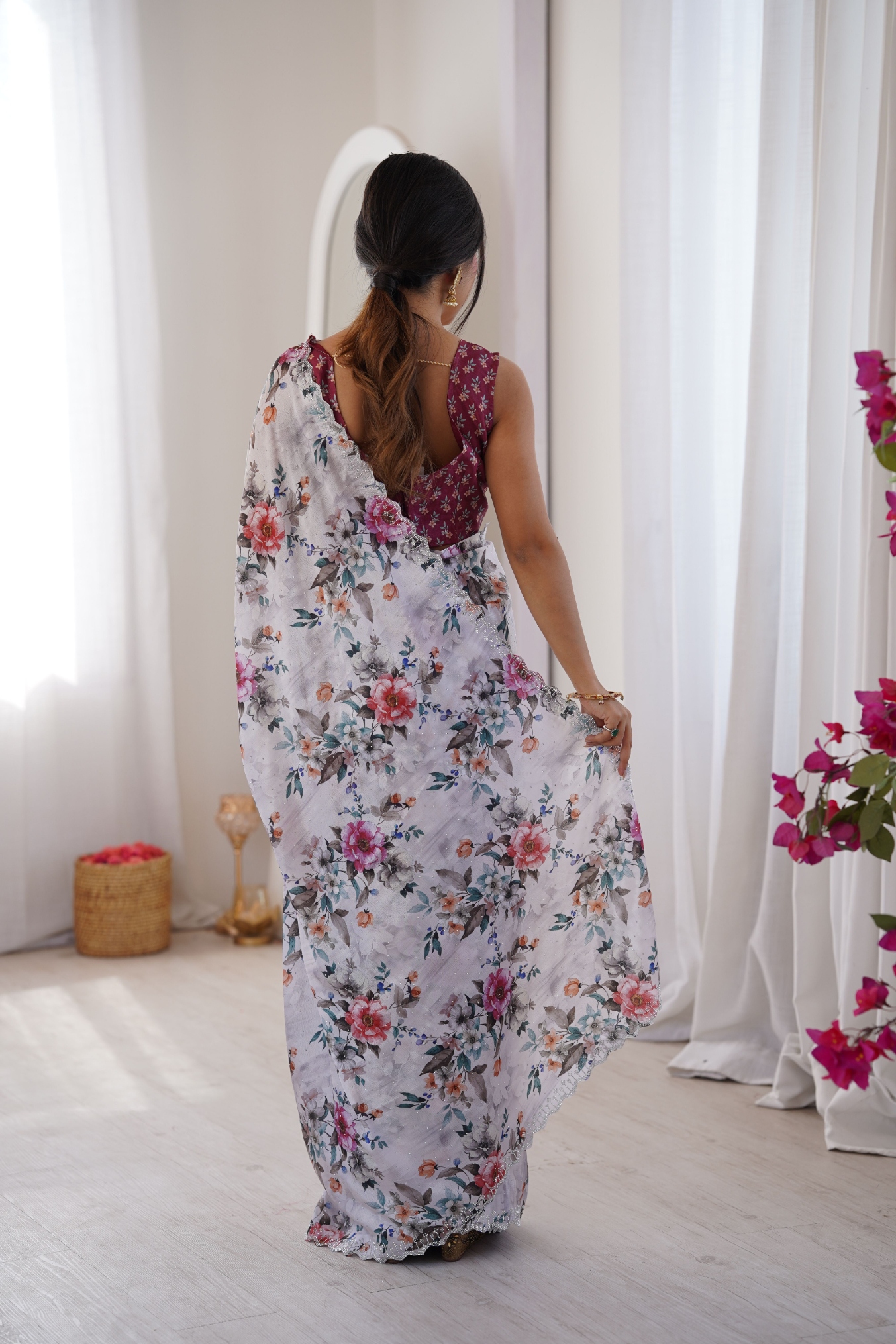 White Floral Digital Printed Chinon Saree — alternate view