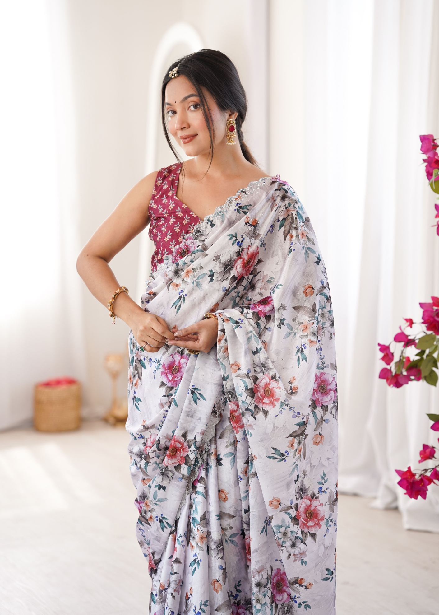 White Floral Digital Printed Chinon Saree