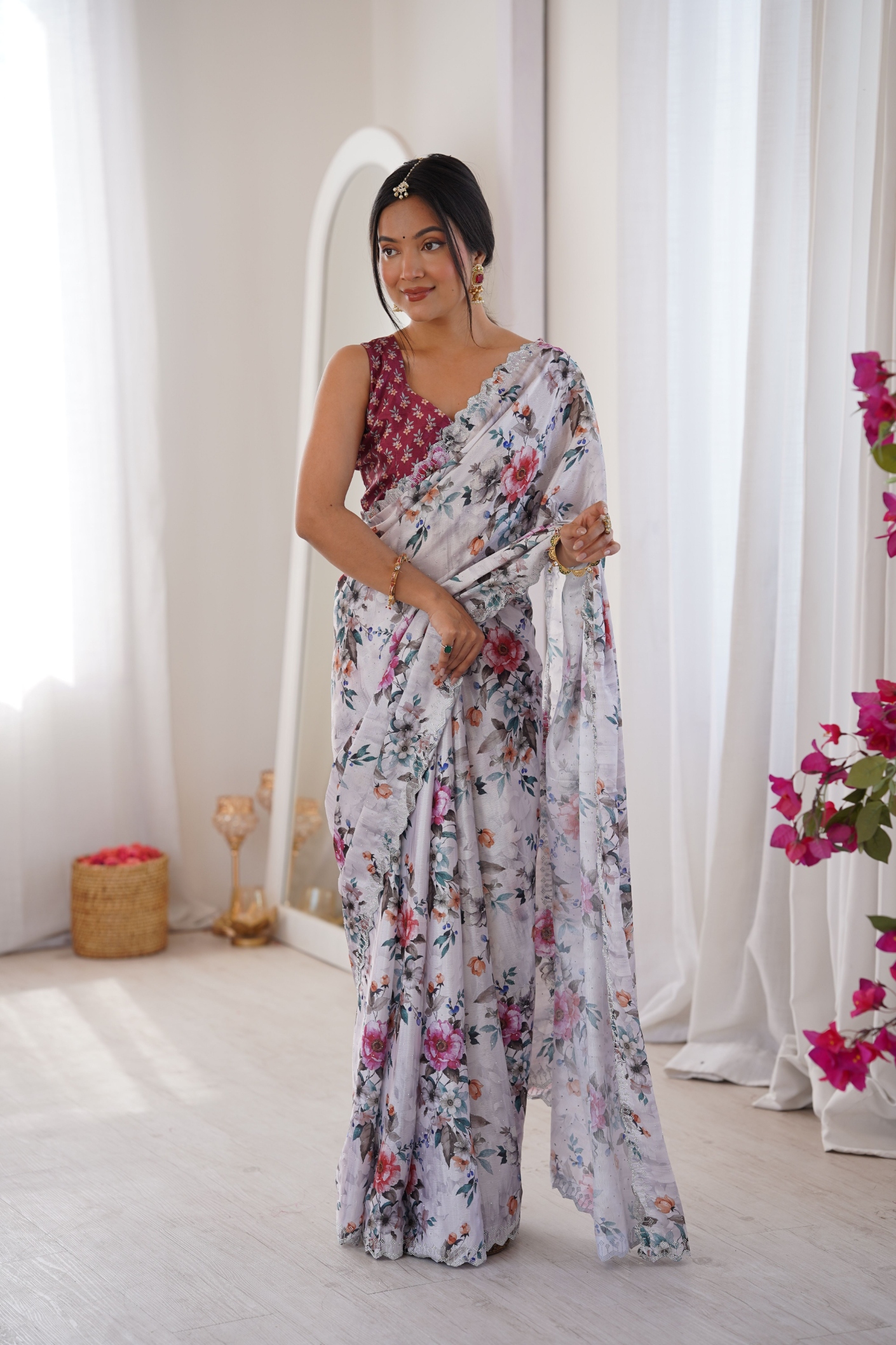 White Floral Digital Printed Chinon Saree