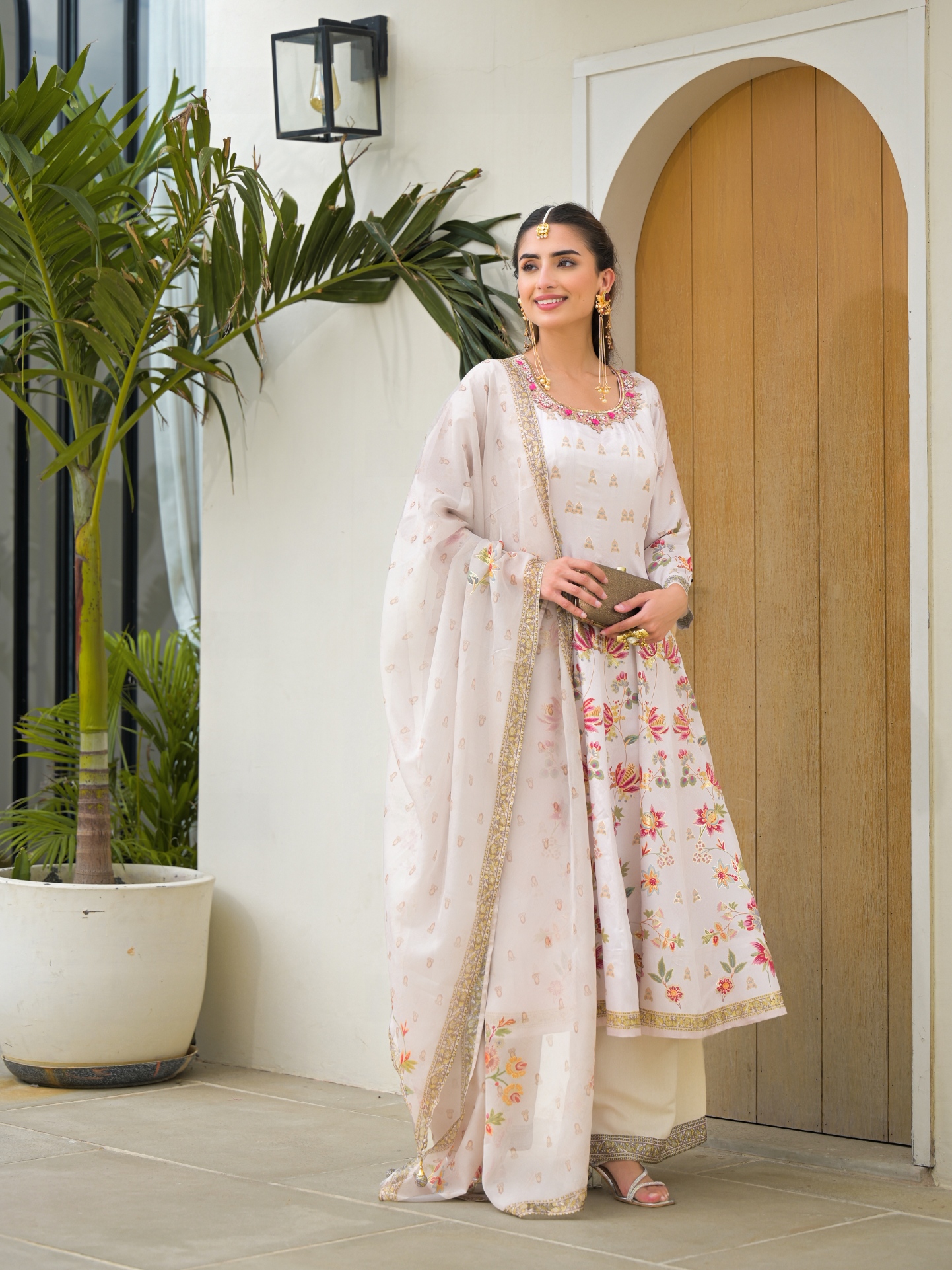 White Floral Digital Silk Satin Anarkali Suit — alternate view