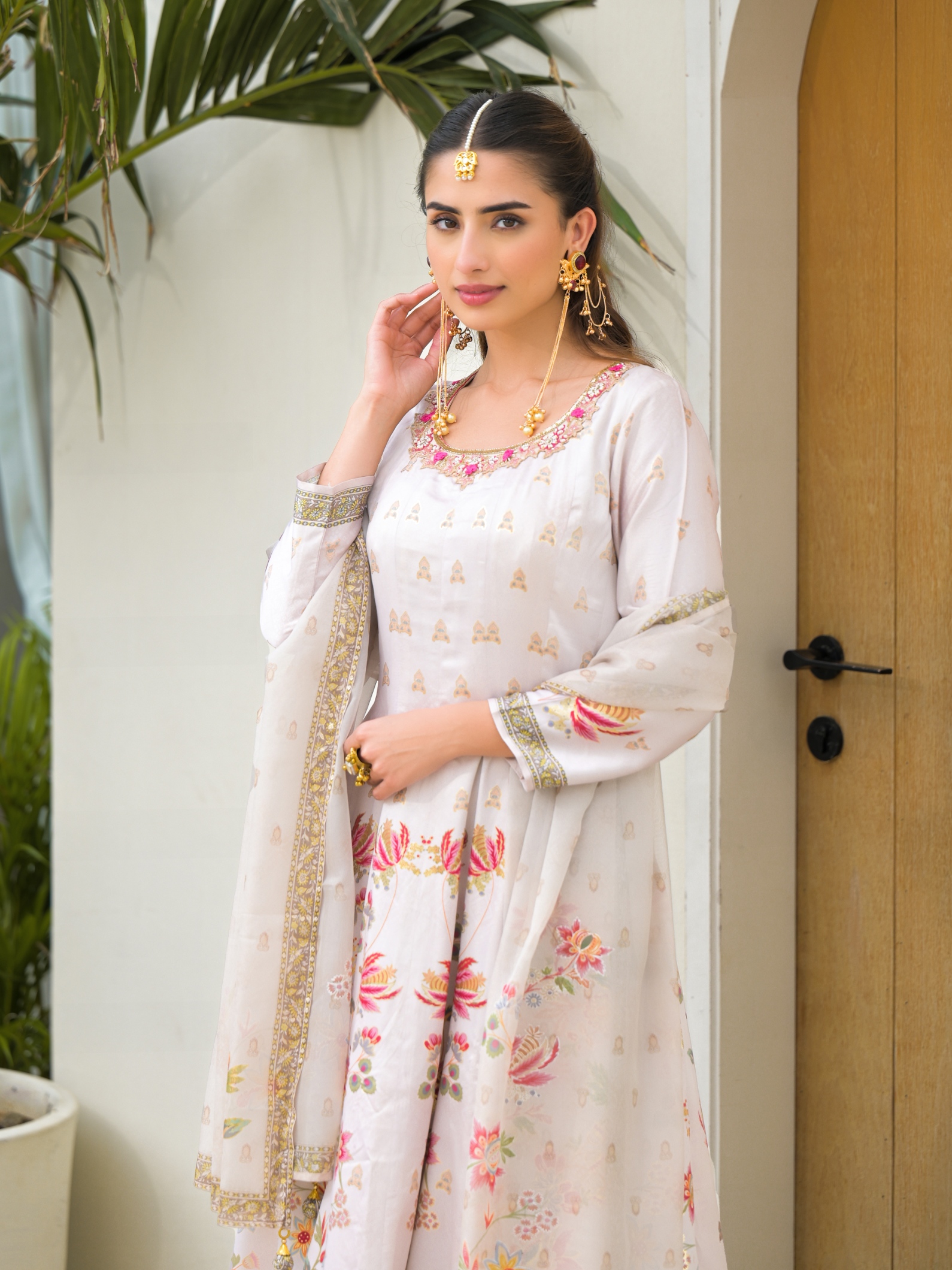 White Floral Digital Silk Satin Anarkali Suit