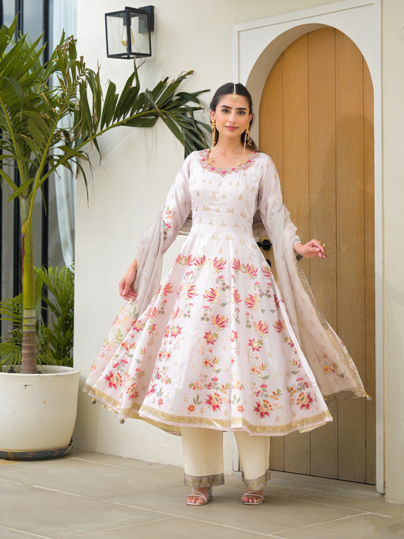 White Floral Digital Silk Satin Anarkali Suit