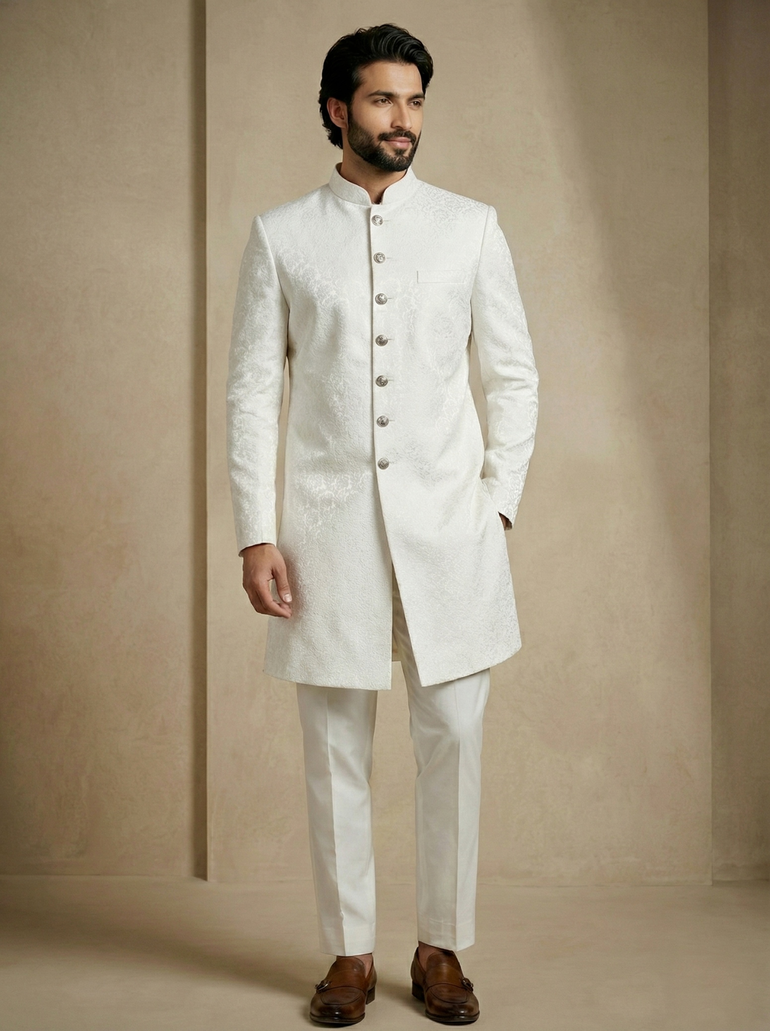 White Floral Donier Jacquard Indo-Western Sherwani