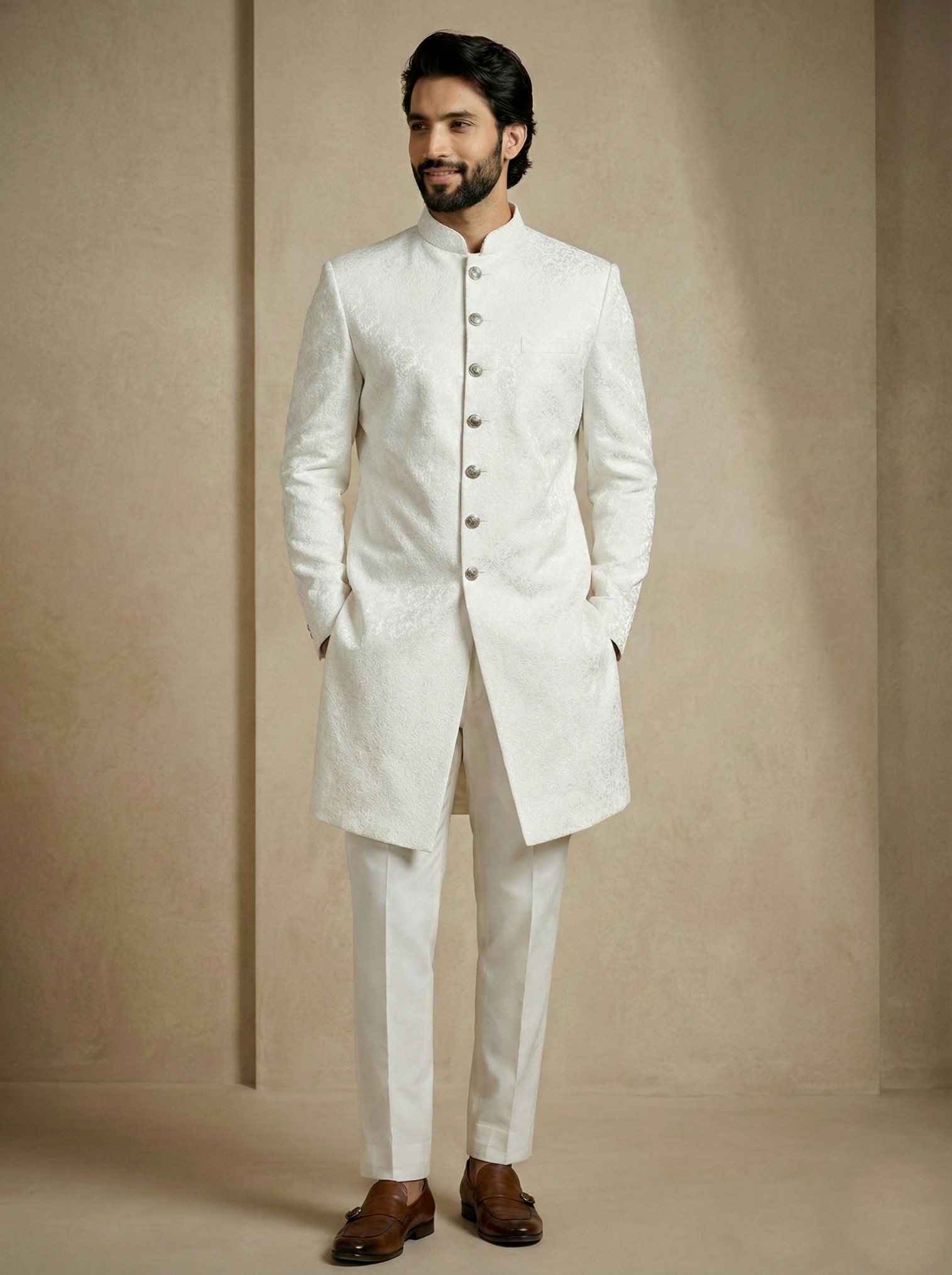 White Floral Donier Jacquard Indo-Western Sherwani — alternate view