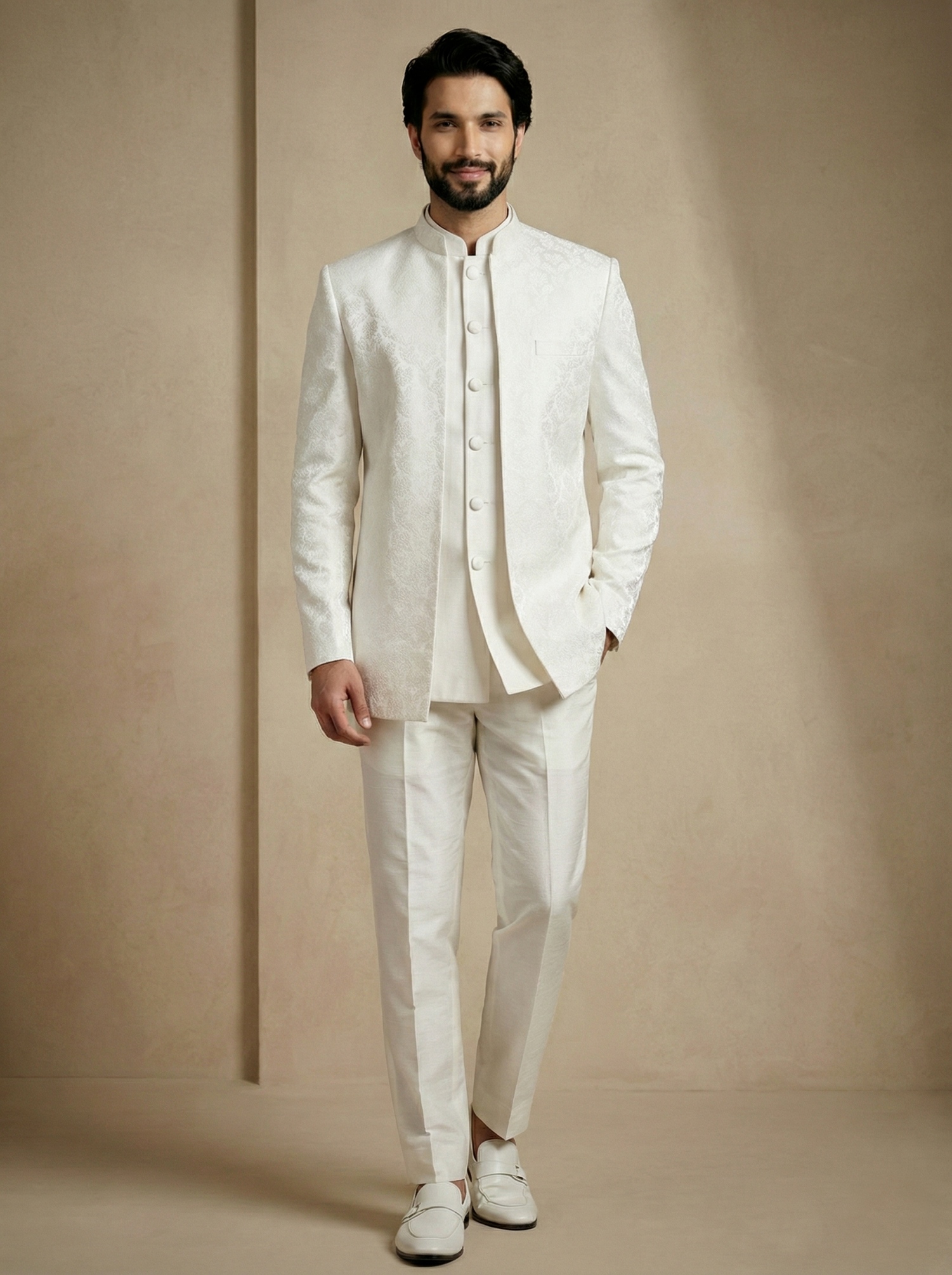 White Floral Donier Jacquard Indo-Western Sherwani