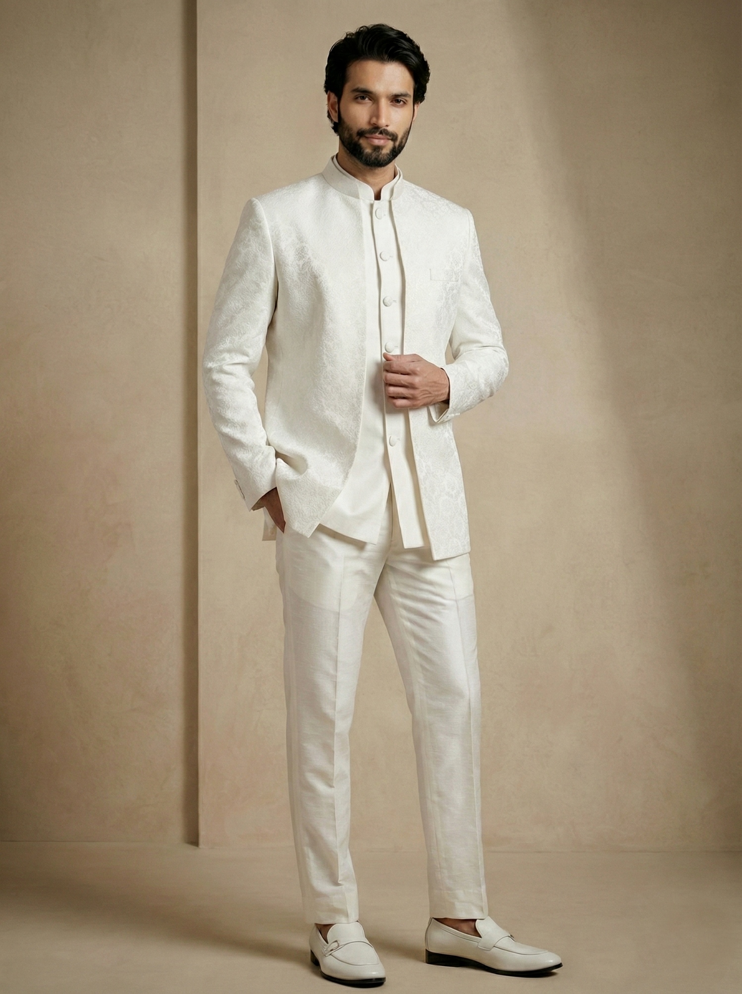 White Floral Donier Jacquard Indo-Western Sherwani — alternate view