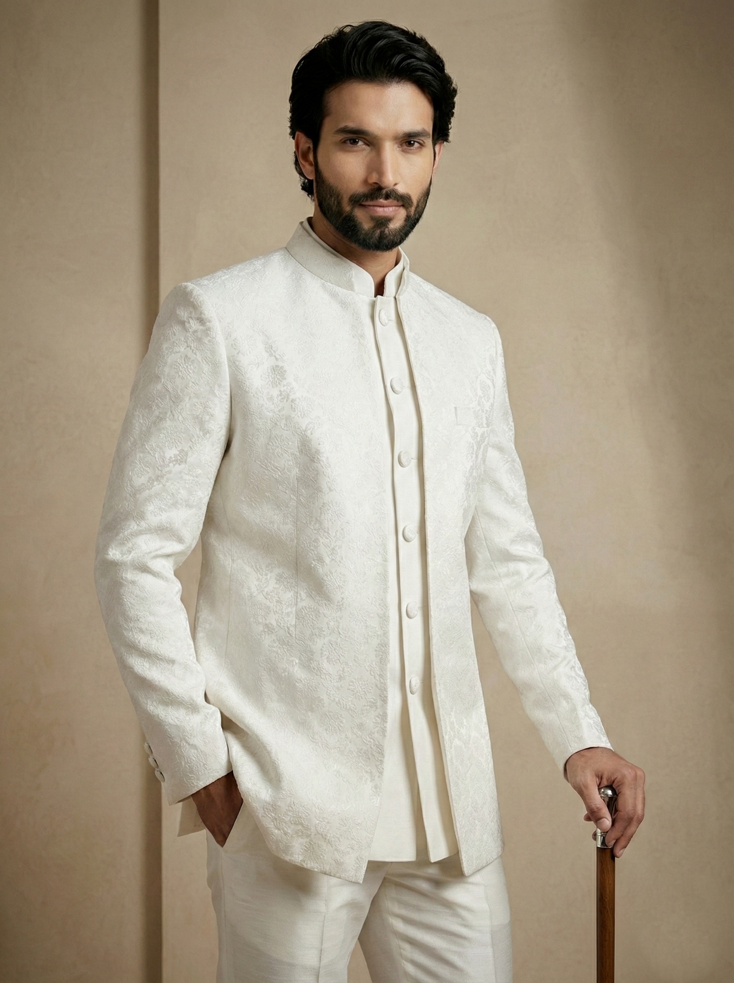 White Floral Donier Jacquard Indo-Western Sherwani