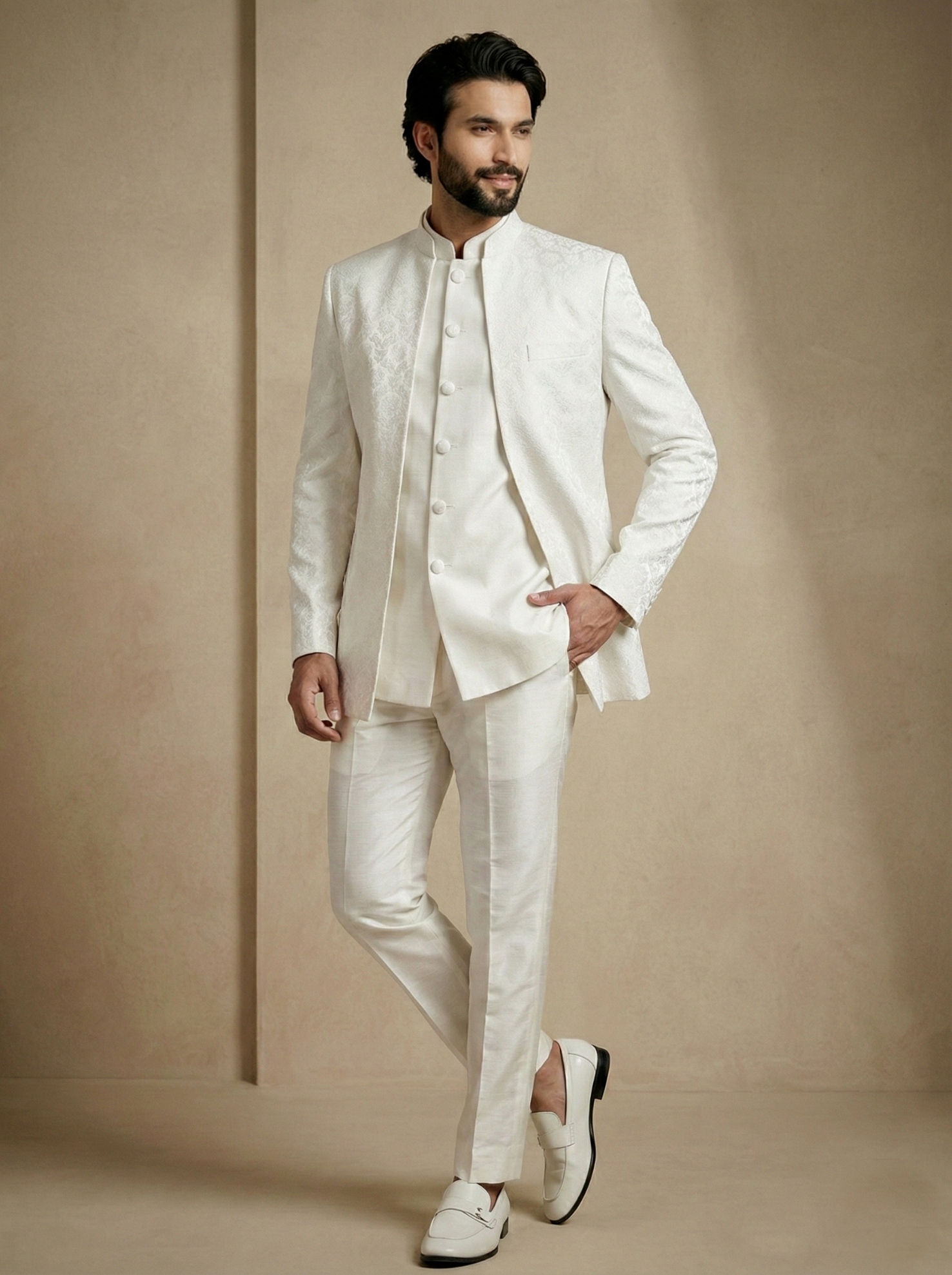 White Floral Donier Jacquard Indo-Western Sherwani